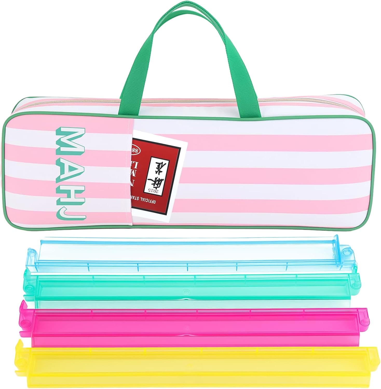 ReignSword Mahjong Rack Bags, Waterproof Carrying Tote Bag with Handle & Zipper for Tiles Pushers Racks, Mah Jong Games Accessories Gifts for Women (Pink Stripes, 21 x 6.5 Inch, Only Case) - 7