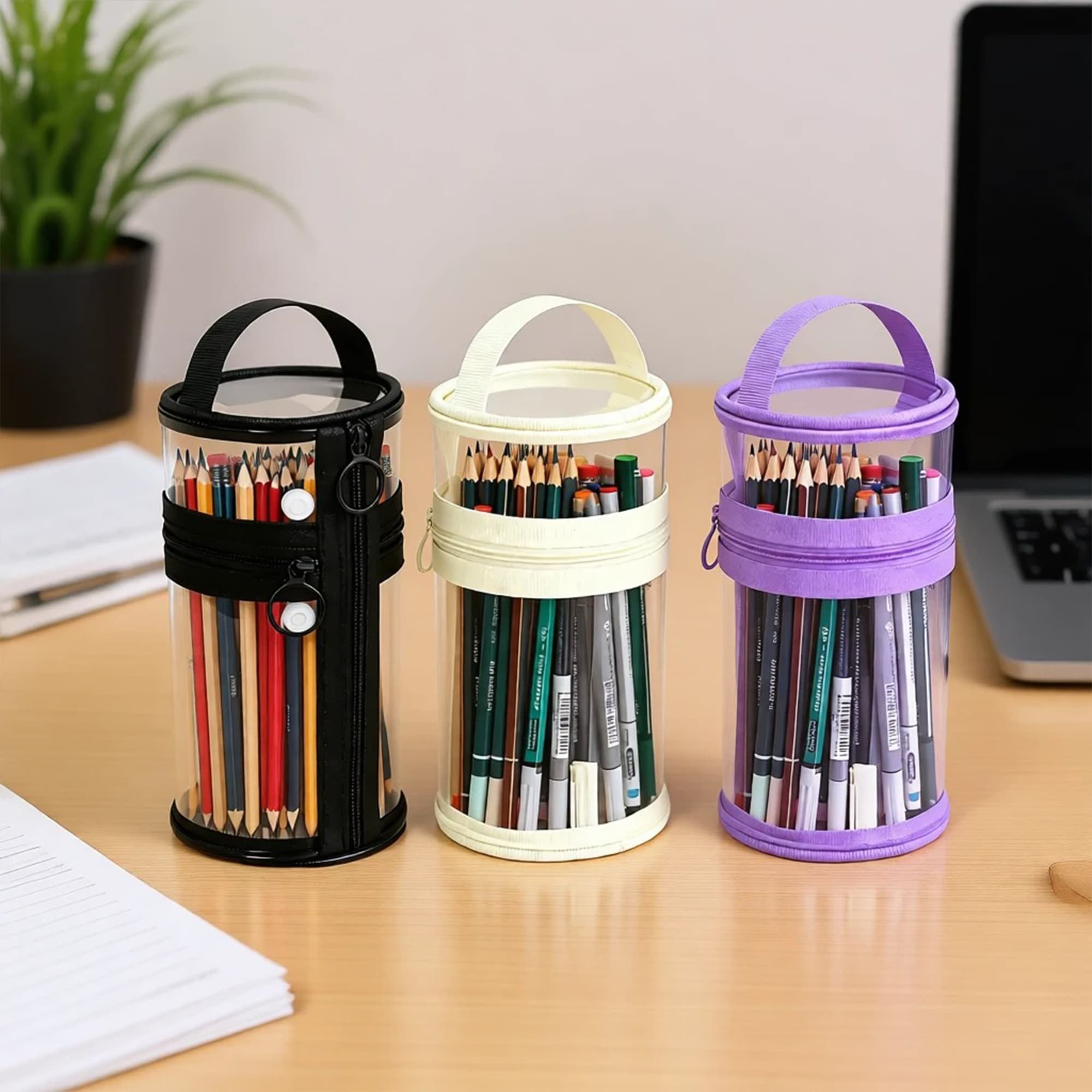 ReignSword Clear Pencil Case, PVC Cylindrical Pen Bag, Multifunction Zipper Pouch for Makeup, Transparent Handheld Bag for Adults/Office (Creamy White) - 5