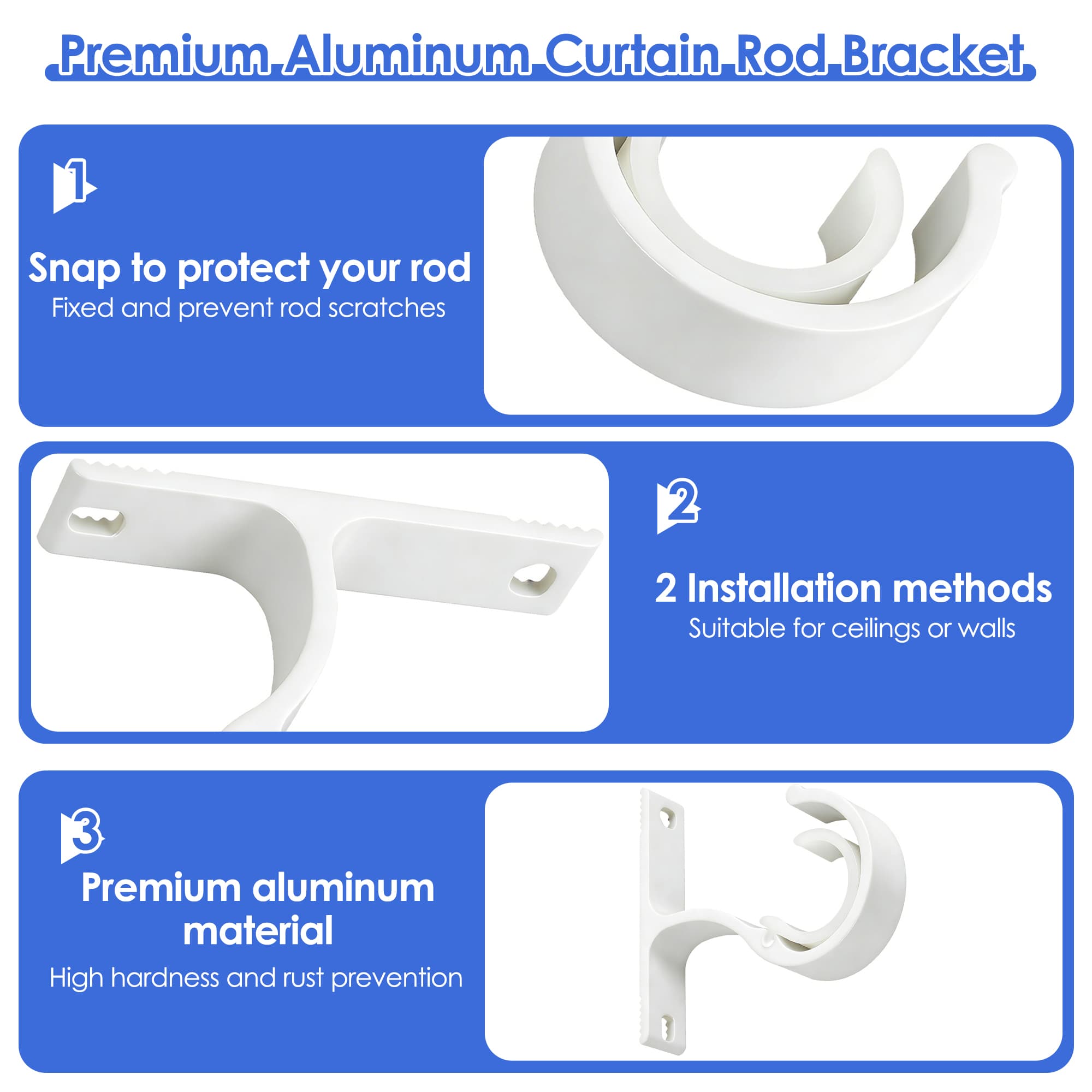 ReignSword 2 Pack Curtain Rod Brackets for 1 Inch Rod,  Heavy Duty Curtain Rod Holders for Wall & Ceiling Installation (White) - 2