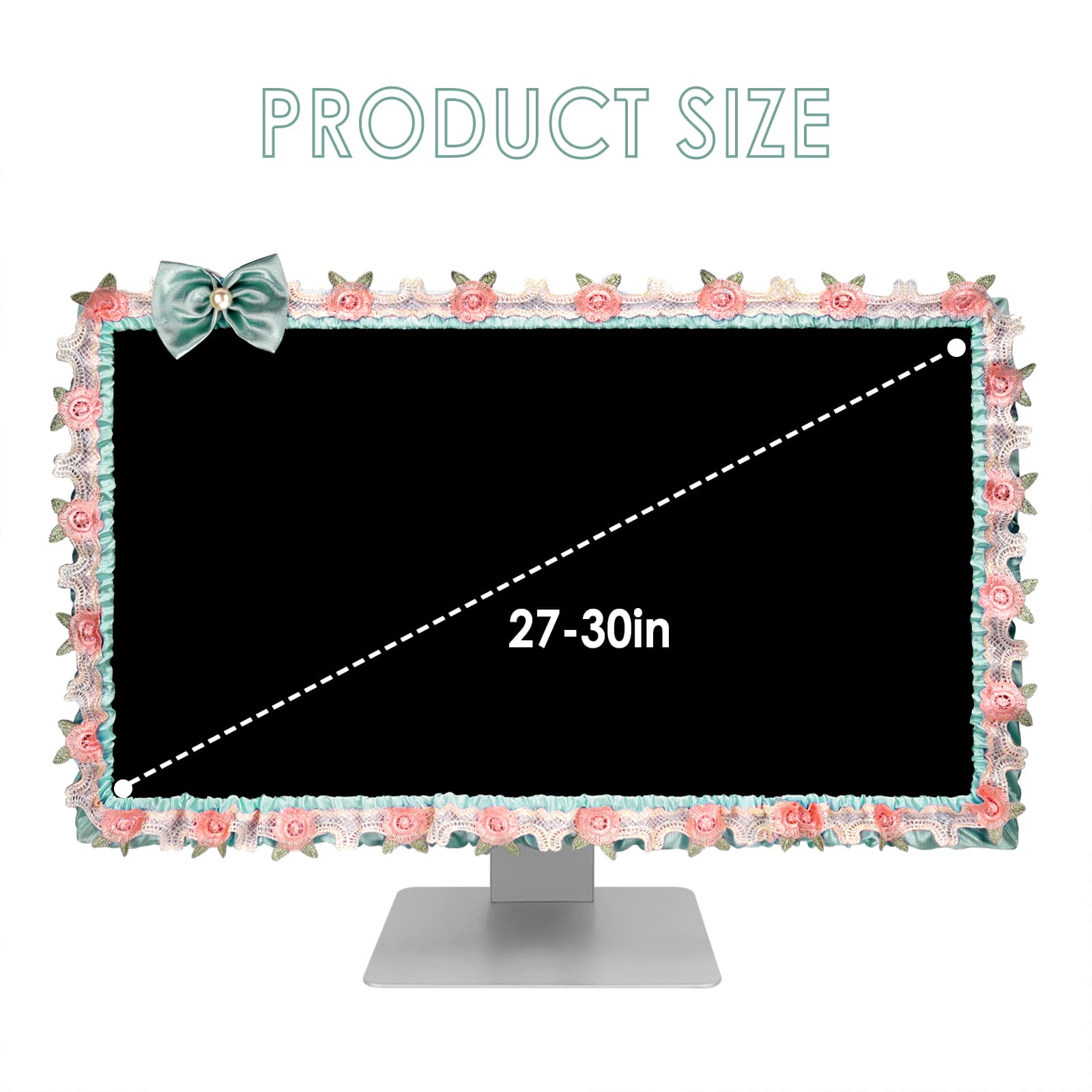 ReignSword 2 Pcs 27''-30'' Cute Computer Monitor Cover with Bow Tie, Lovely Computer Accessories with Lace Design, Monitor Dust Cover Protector (Blue) - 1