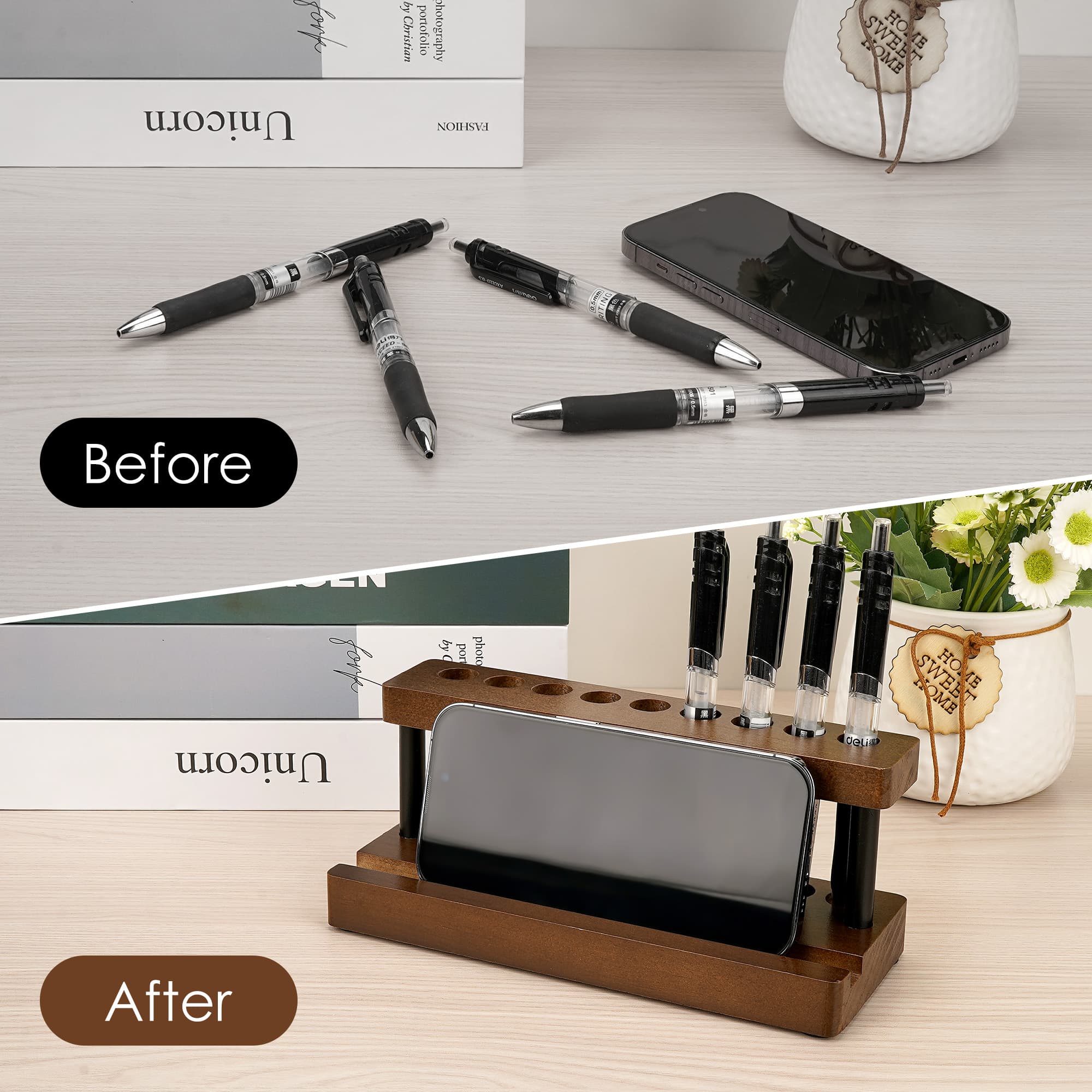 ReignSword Wooden Pen Holder for Desk, Pen Holder Display Stand with 9 Slots and Cell Phone Holder, Multifunctional Pen Organizer for Office and Home - 2