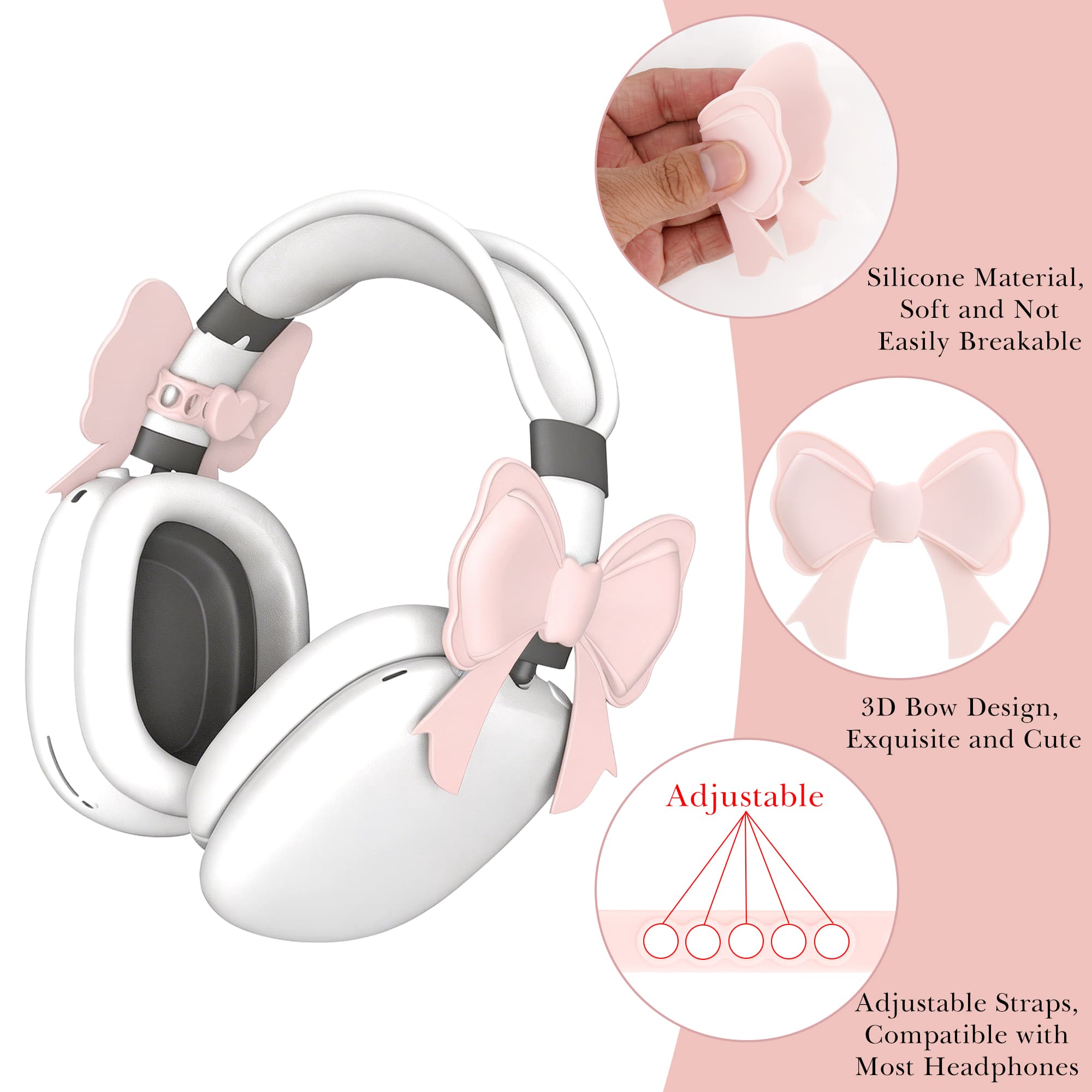 ReignSword 2 Pack Cute Silicone Bow Headphone Decorations, Adjustable Headphone Charms Accessories for Most Headphones, Fun Gift for Women & Gamers (Pink) - 4