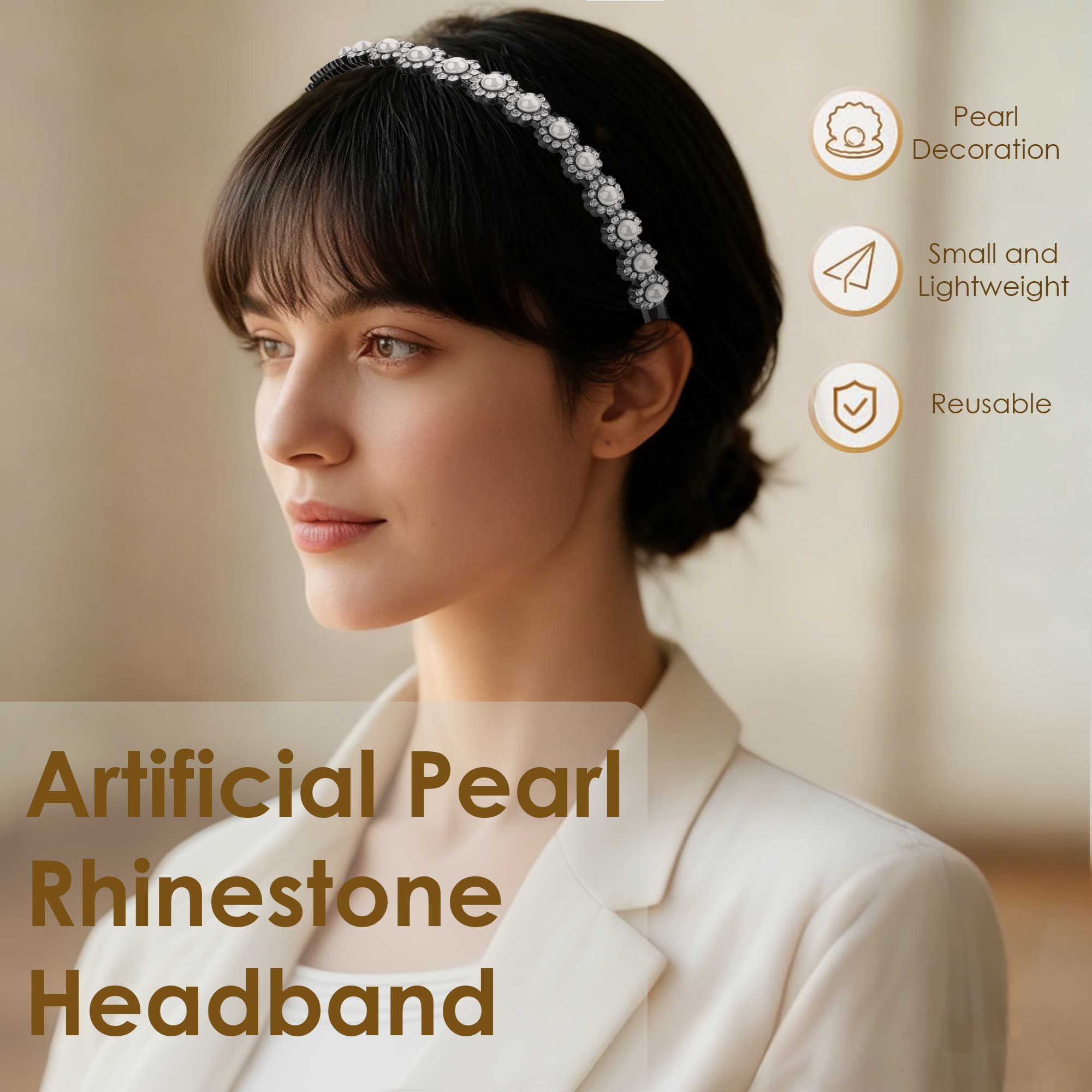 ReignSword 2 Pack Pearl Rhinestones Headbands for Women Girls, Fashion Hair Hoops with Non-Slip Teeth, Decorative Hair Accessories for Birthday Party Wedding (Black) - 2