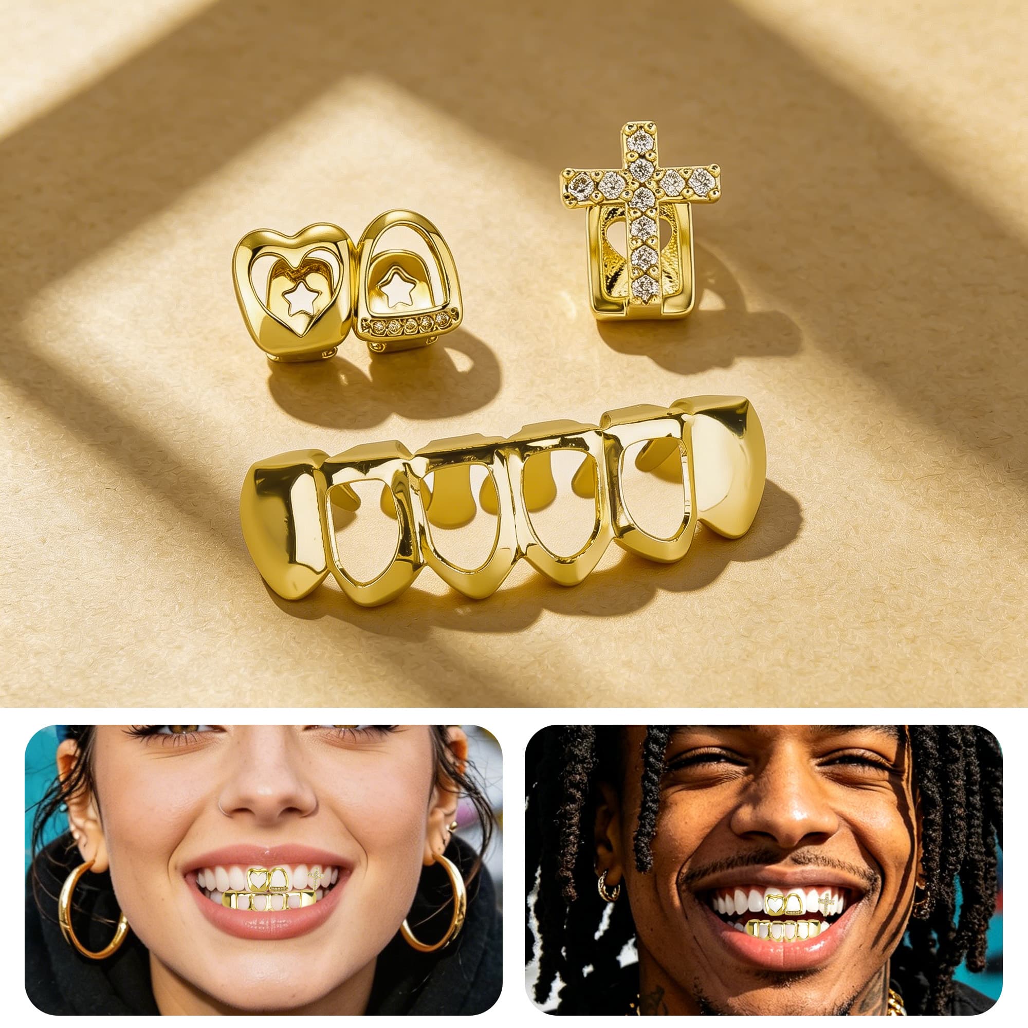 ReignSword 3 Pcs Gold Teeth Grillz Set for Women Men, Heart Cross Star & Plain Hollow CZ Grill Caps, Adjustable Custom Fit, Hip Hop Jewelry for Parties, Halloween & Daily Wear - 3