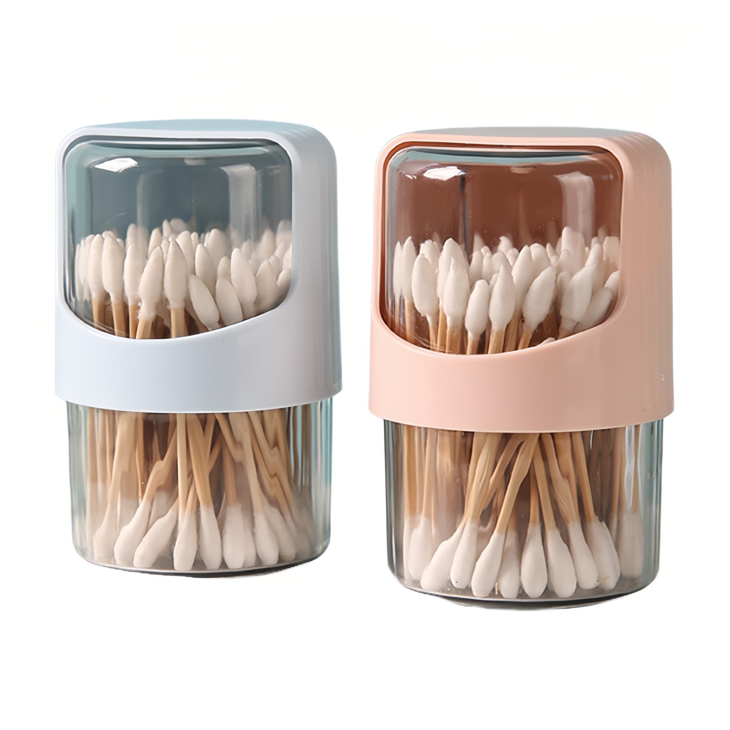 ReignSword 2 Pack Qtip Holder Dispenser with Rotating Lid, Clear Cotton Swab Holder Plastic Container, Bathroom Jar Organizer for Cotton Swabs, Balls, Pads, Dental Floss (Pink & Blue) - 6