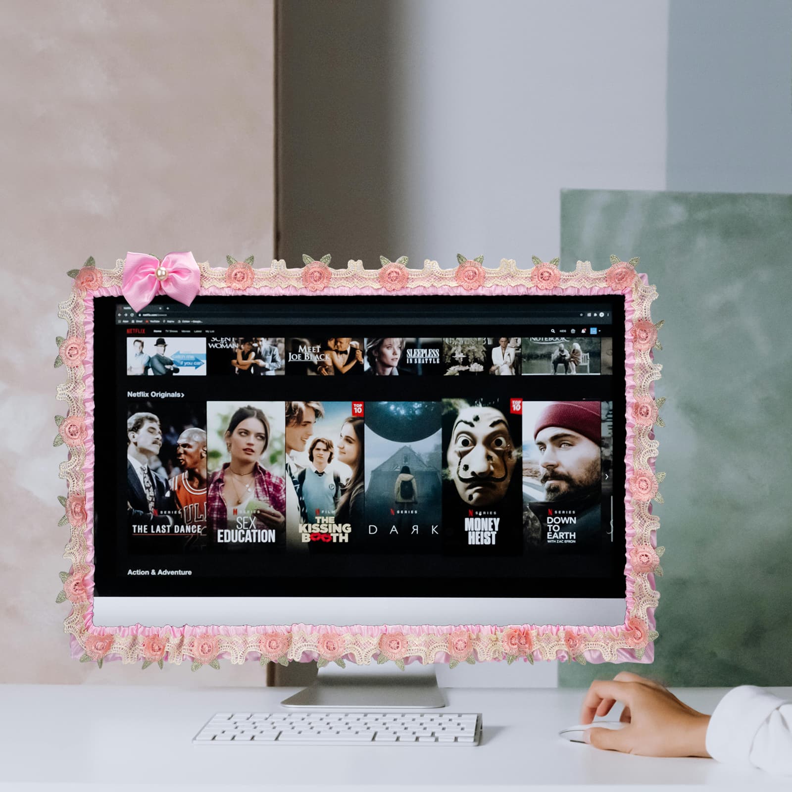 ReignSword 2 Pcs 27''-30'' Cute Computer Monitor Cover with Bow Tie, Lovely Computer Accessories with Lace Design, Monitor Dust Cover Protector (Pink) - 3