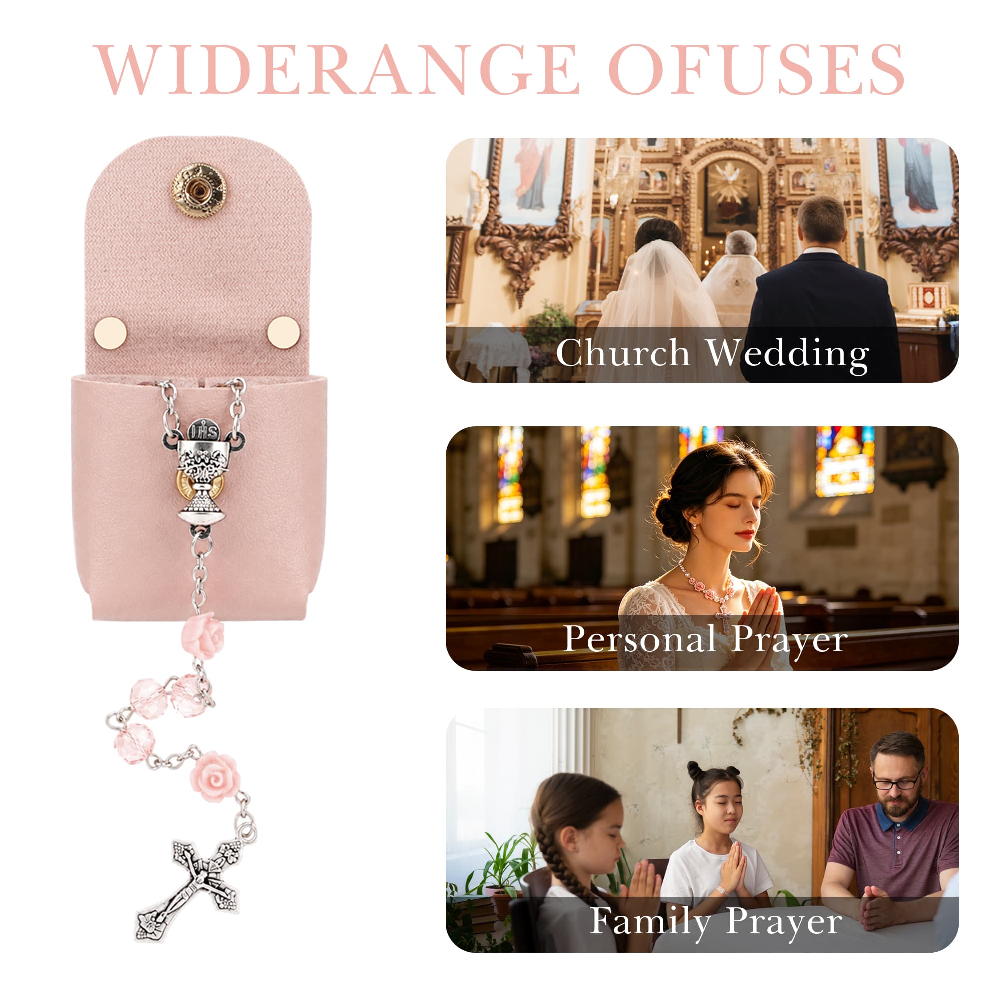 ReignSword Pink Crystal & Rose Rosary Necklace, with Mini PU Keychain Pouch, Portable Catholic Cross Rosary, Prayer Beads, Baptism & Religious Gifts for Women - 5