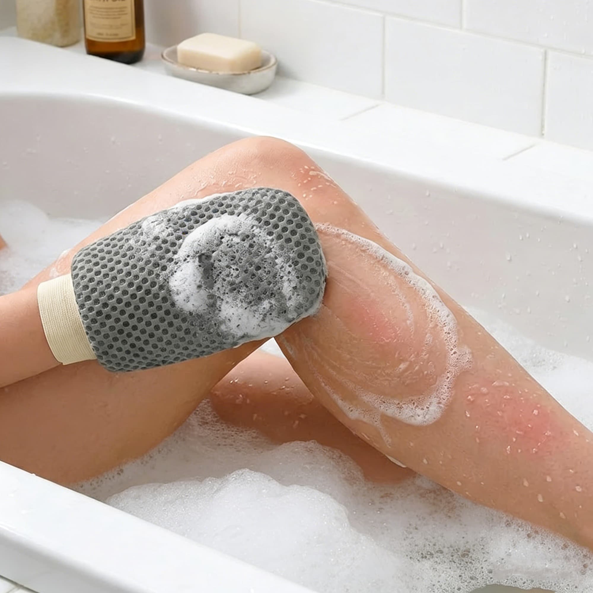 ReignSword 4 Pcs 3D Textured Mesh Soap Bag & Exfoliating Bath Glove Set, Soft Body Scrubber Clean Mitts for Women Men, Shower Bathing Accessories (Grey+Khaki) - 4