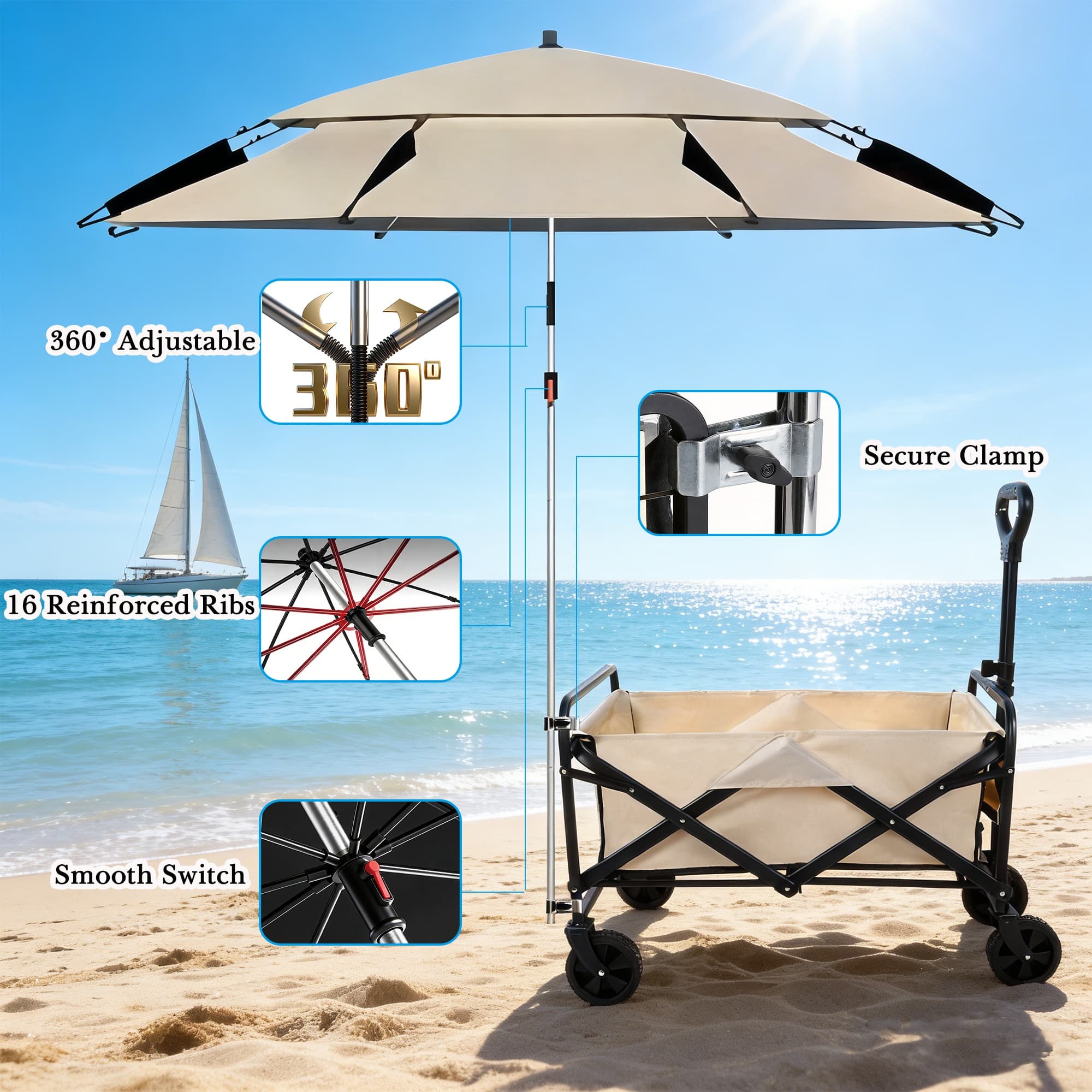 ReignSword Sun Shade for Foldable Wagon, 78 Inch Large Beach Umbrella with Secure Clamp, 360° Adjustable UV Sun Protection for Camping, Beach, Soccer Game & Picnics - 3