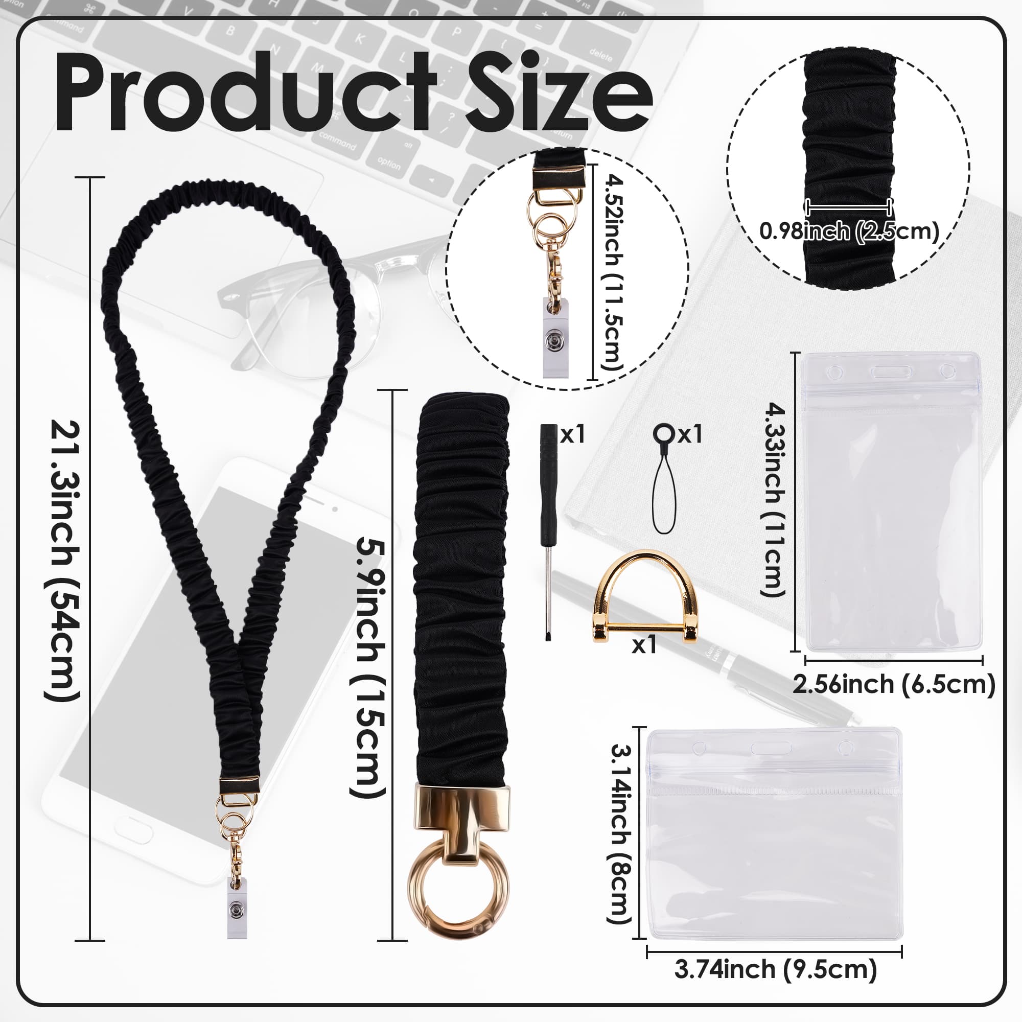 ReignSword Scrunchie Lanyard Keychain Wristlet Set, Stretchy Wrist and Neck Lanyard for ID Badges, Soft Women Accessories for Office (Black) - 1