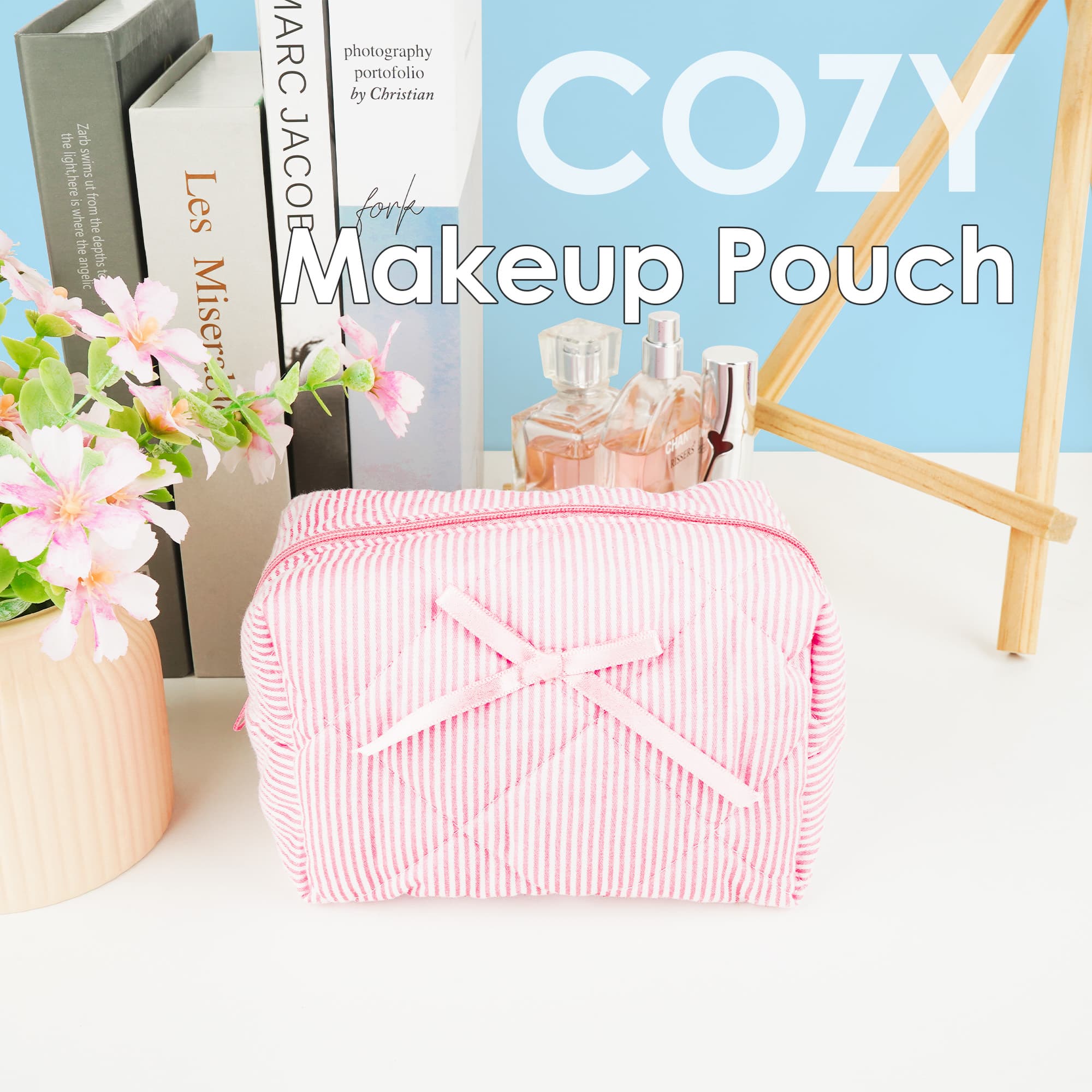 ReignSword Small Makeup Bag for Travel, Soft Cute Cotton Make Up Bag, Toiletry Zipper Pouch Cosmetic Storage Organizer for Women (Pink Stripes) - 2