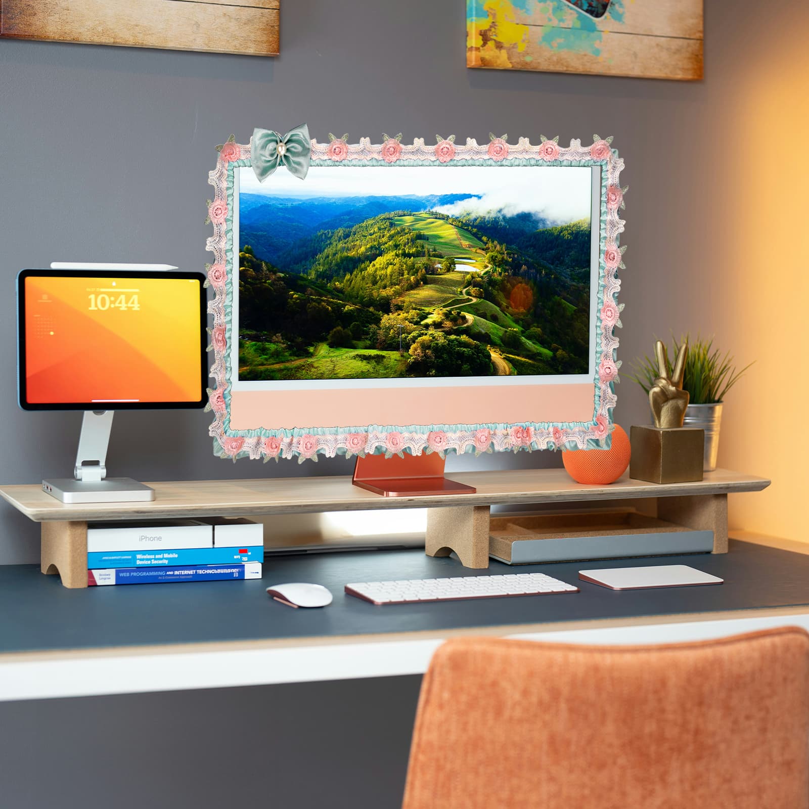 ReignSword 2 Pcs 27''-30'' Cute Computer Monitor Cover with Bow Tie, Lovely Computer Accessories with Lace Design, Monitor Dust Cover Protector (Blue) - 5
