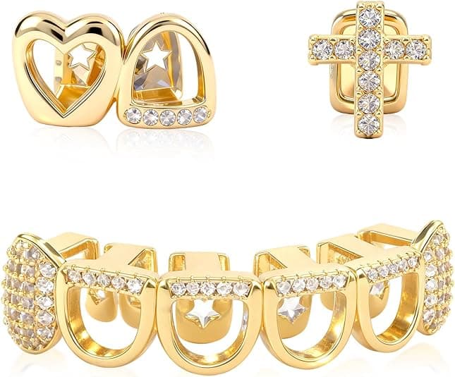 ReignSword 3 Pcs Gold Teeth Grillz Set for Women Men, Heart Cross Star Hollow CZ Grill Caps, Hip Hop Fashion Jewelry for Halloween, Parties & Daily Wear - 1