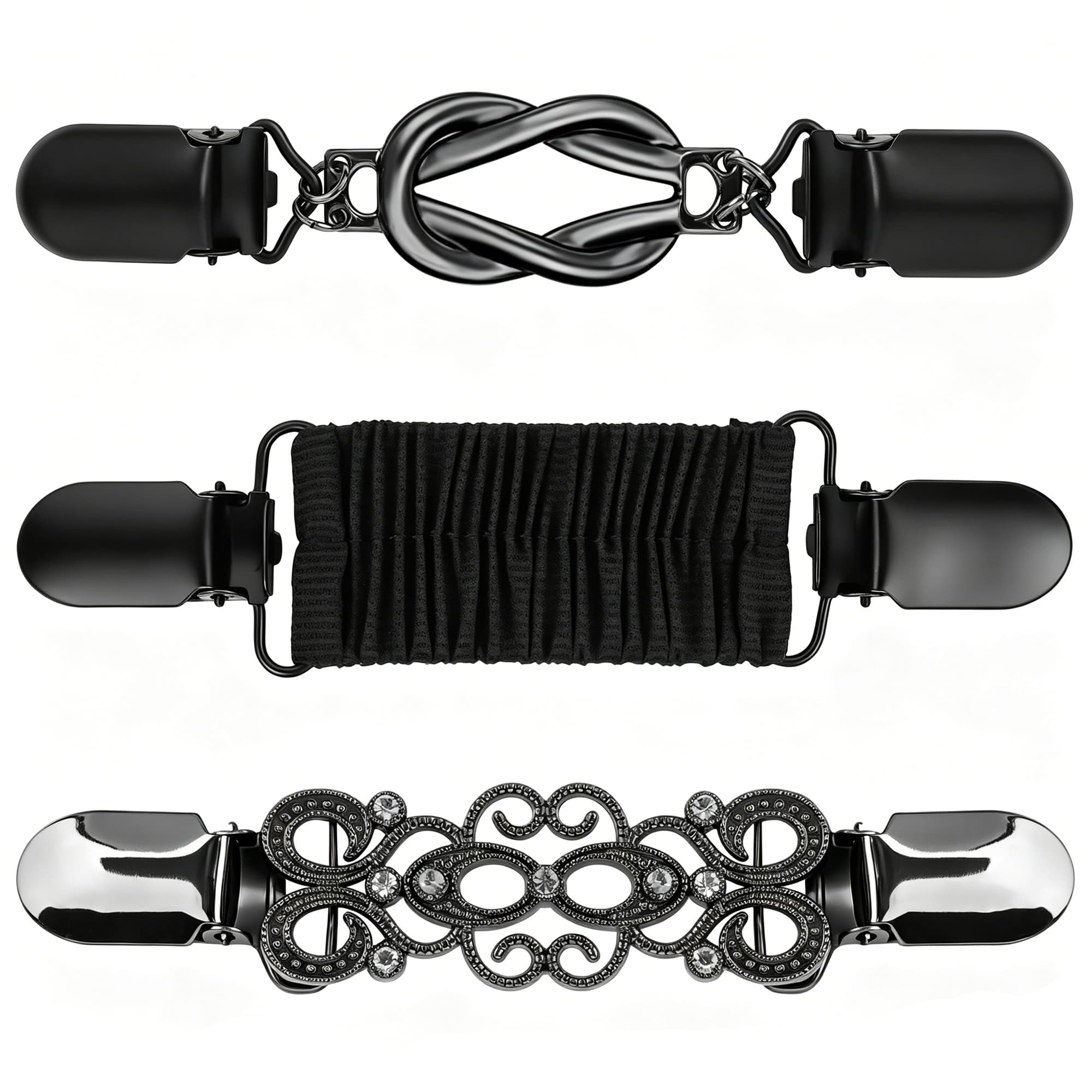 ReignSword Cinch Clips for Women Clothing, 3 Pack Elastic Dress Cinch Clip Shirt Tightener Clip Waist Cincher for Dresses Sweaters Cardigans Shawls Clothing Accessories (Black) - 2