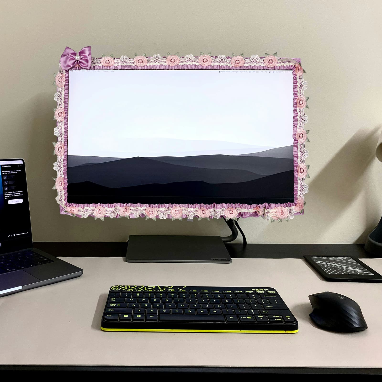 ReignSword 2 Pcs 27''-30'' Cute Computer Monitor Cover with Bow Tie, Lovely Computer Accessories with Lace Design, Monitor Dust Cover Protector (Purple) - 4