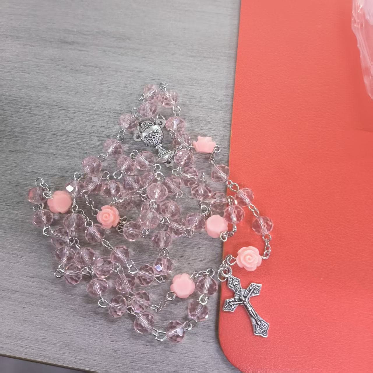 ReignSword Pink Crystal & Rose Rosary Necklace, with Mini PU Keychain Pouch, Portable Catholic Cross Rosary, Prayer Beads, Baptism & Religious Gifts for Women - 7
