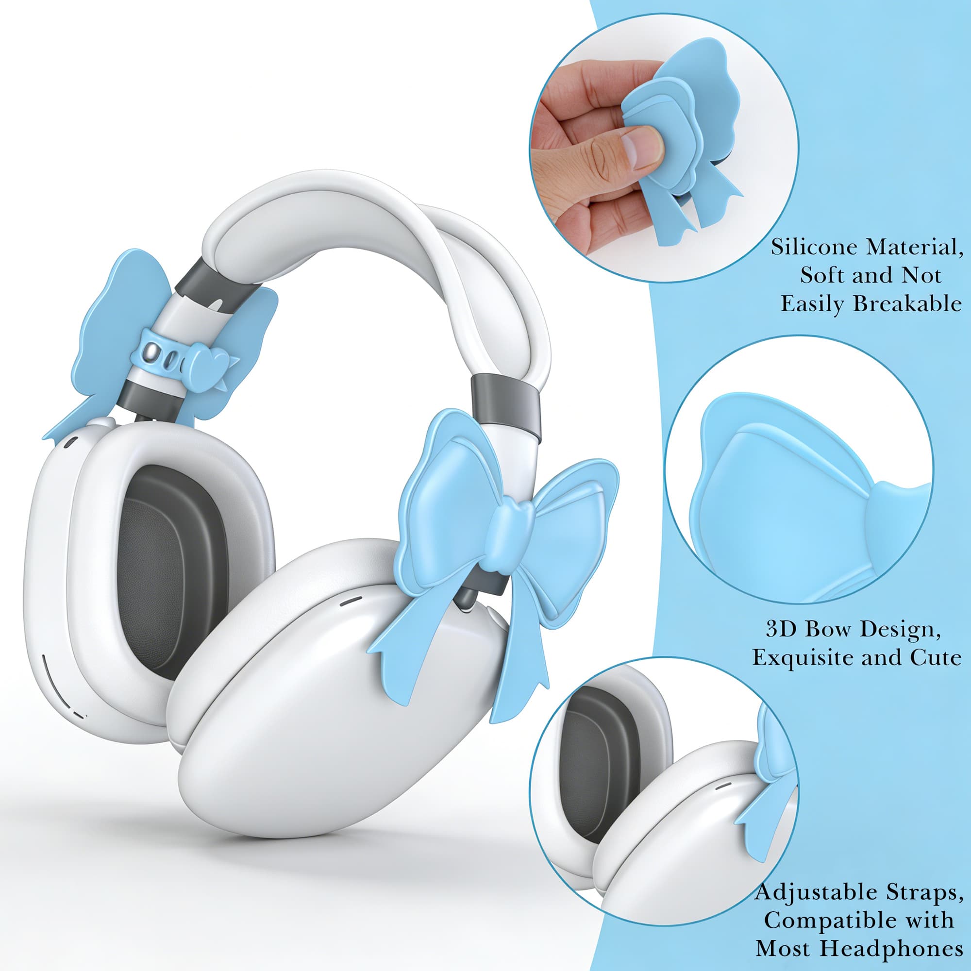 ReignSword 2 Pack Cute Silicone Bow Headphone Decorations, Adjustable Headphone Charms Accessories for Most Headphones, Fun Gift for Women & Gamers (Blue) - 3