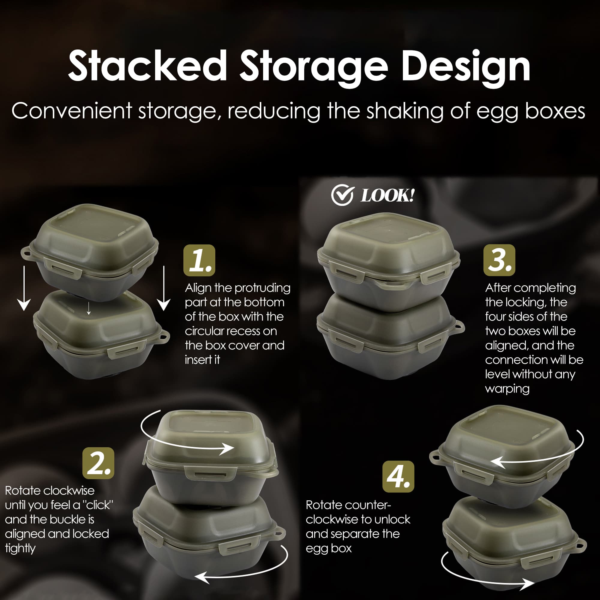 ReignSword 2-in-1 Camping Egg Holder, Portable 4 Grid Egg Storage Box with Built-in Silicone Steamer & Outdoor Hook, Shockproof Egg Container for Camping, Picnic, Travel (Military Green) - 2