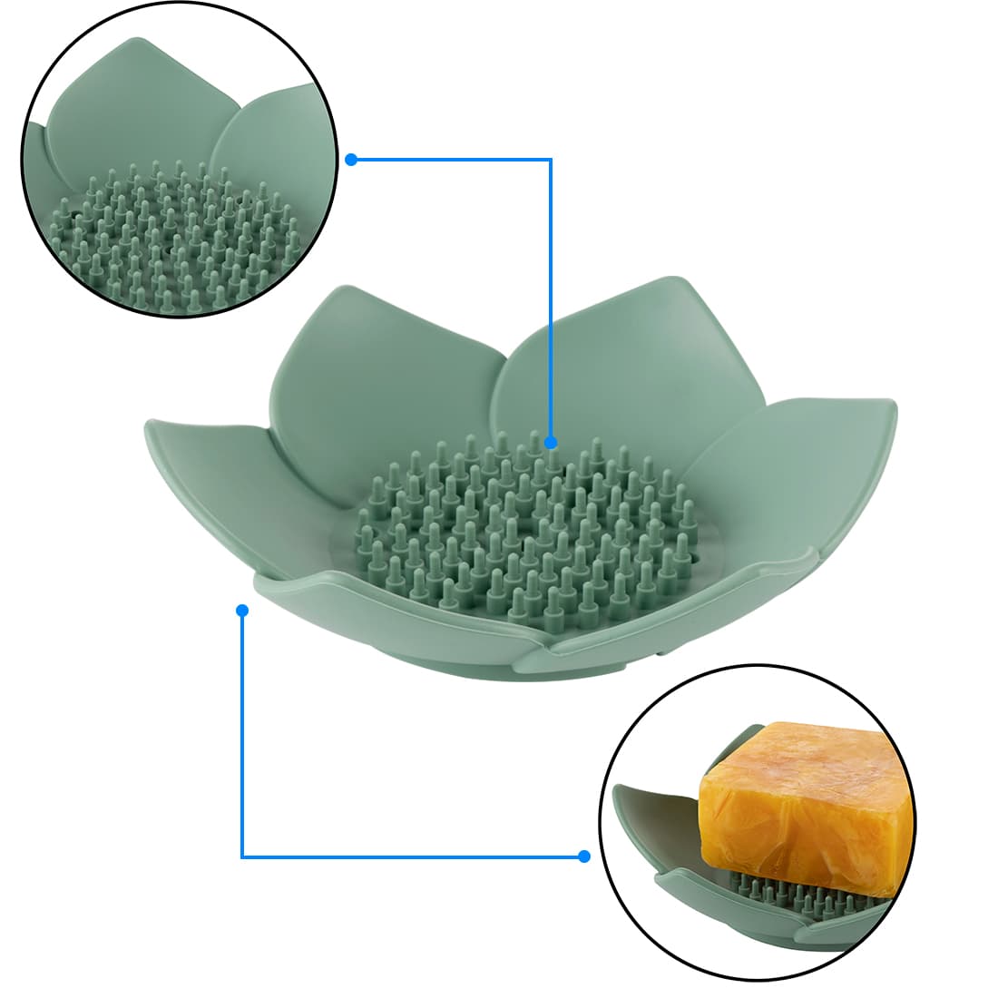 3 Pack Soap Dish Holder, Bar Soap Tray with Drain, Lotus Silicone Soap Saver Case for Shower Bathroom (Blue, Green, Grey) - 2