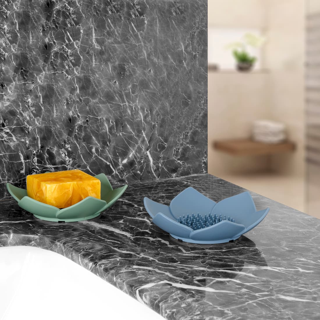 3 Pack Soap Dish Holder, Bar Soap Tray with Drain, Lotus Silicone Soap Saver Case for Shower Bathroom (Blue, Green, Grey) - 4