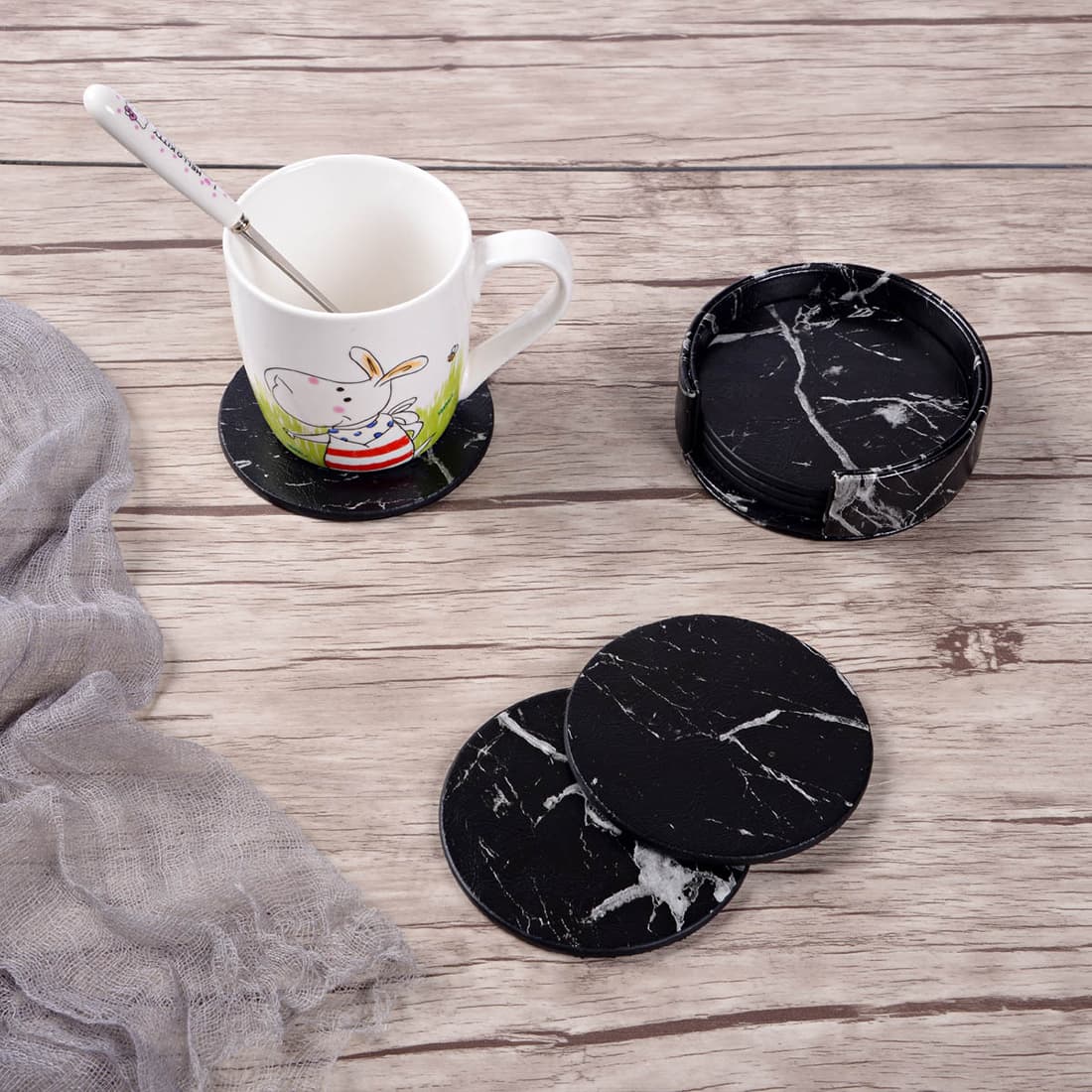 ReignSword Round Coaster with Holder, Vegan Leather Drink Coasters Set of 6, Non-Slip Cup Mug Mat Pad for Tabletop & Coffee Table (Black) - 3