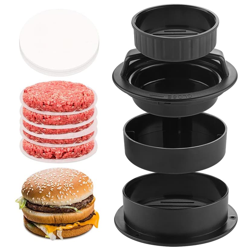 ReignSword Burger Press with Wax Patty Papers, 3-in-1 Non-Stick Hamburger Press Patty Maker, Different Sizes Hamburger Patty Press Mold for Stuffed Burger, Regular Burger Patties