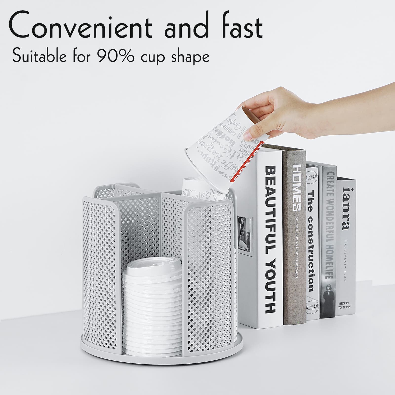 ReignSword 360 Degree Rotated Disposable Cup and Lid Organizer, Detachable Coffee Cup Dispenser, Paper Water Cup Holder for Cafe Home Kitchen Living Room (Gray) - 6