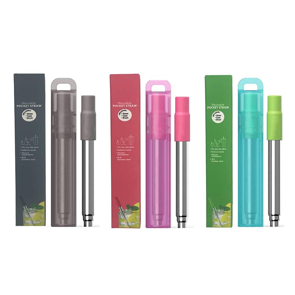 Metal Reusable Collapsible Straws with Silicone Tip, Telescopic Portable Stainless Steel Reusable Straws with Case & Cleaning Brush, Keychain Drinking Straw for Travel, School, Picnic 3 Pack - 2