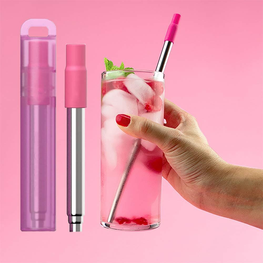 Metal Reusable Collapsible Straws with Silicone Tip, Telescopic Portable Stainless Steel Reusable Straws with Case & Cleaning Brush, Keychain Drinking Straw for Travel, School, Picnic 3 Pack - 3