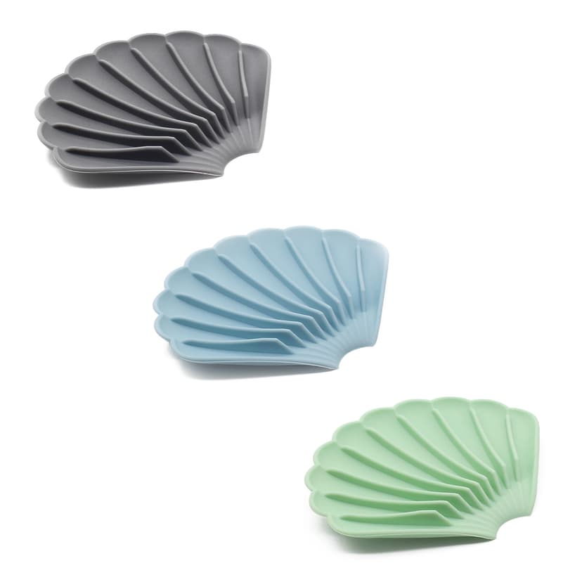 ReignSword 3 Pcs Soap Dishes with Drain, Shell Shape Silicone Self Draining Soap Tray Bar Soap Holder for Bathroom Shower Kitchen (Blue, Green, Grey)