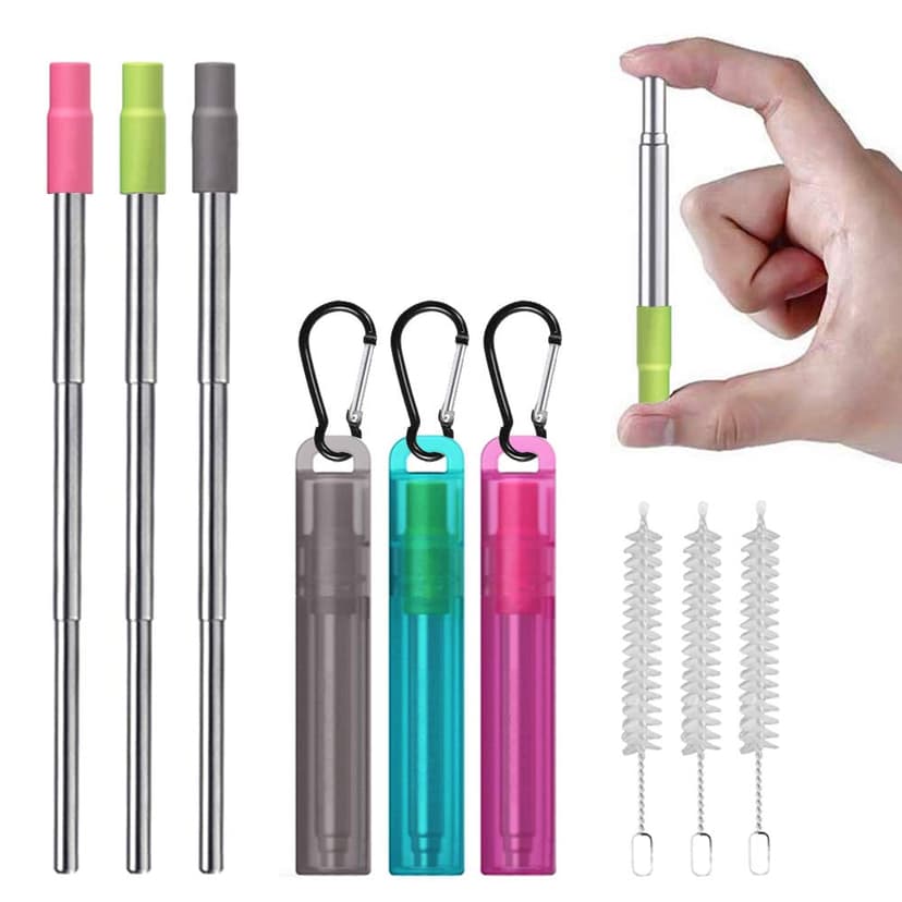 Metal Reusable Collapsible Straws with Silicone Tip, Telescopic Portable Stainless Steel Reusable Straws with Case & Cleaning Brush, Keychain Drinking Straw for Travel, School, Picnic 3 Pack
