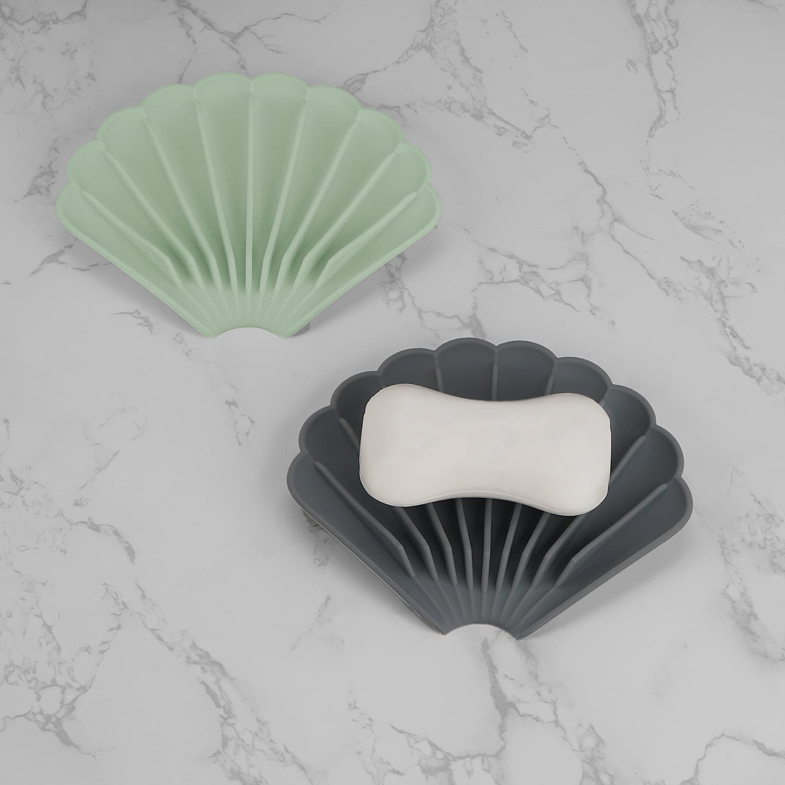 ReignSword 3 Pcs Soap Dishes with Drain, Shell Shape Silicone Self Draining Soap Tray Bar Soap Holder for Bathroom Shower Kitchen (Blue, Green, Grey) - 4