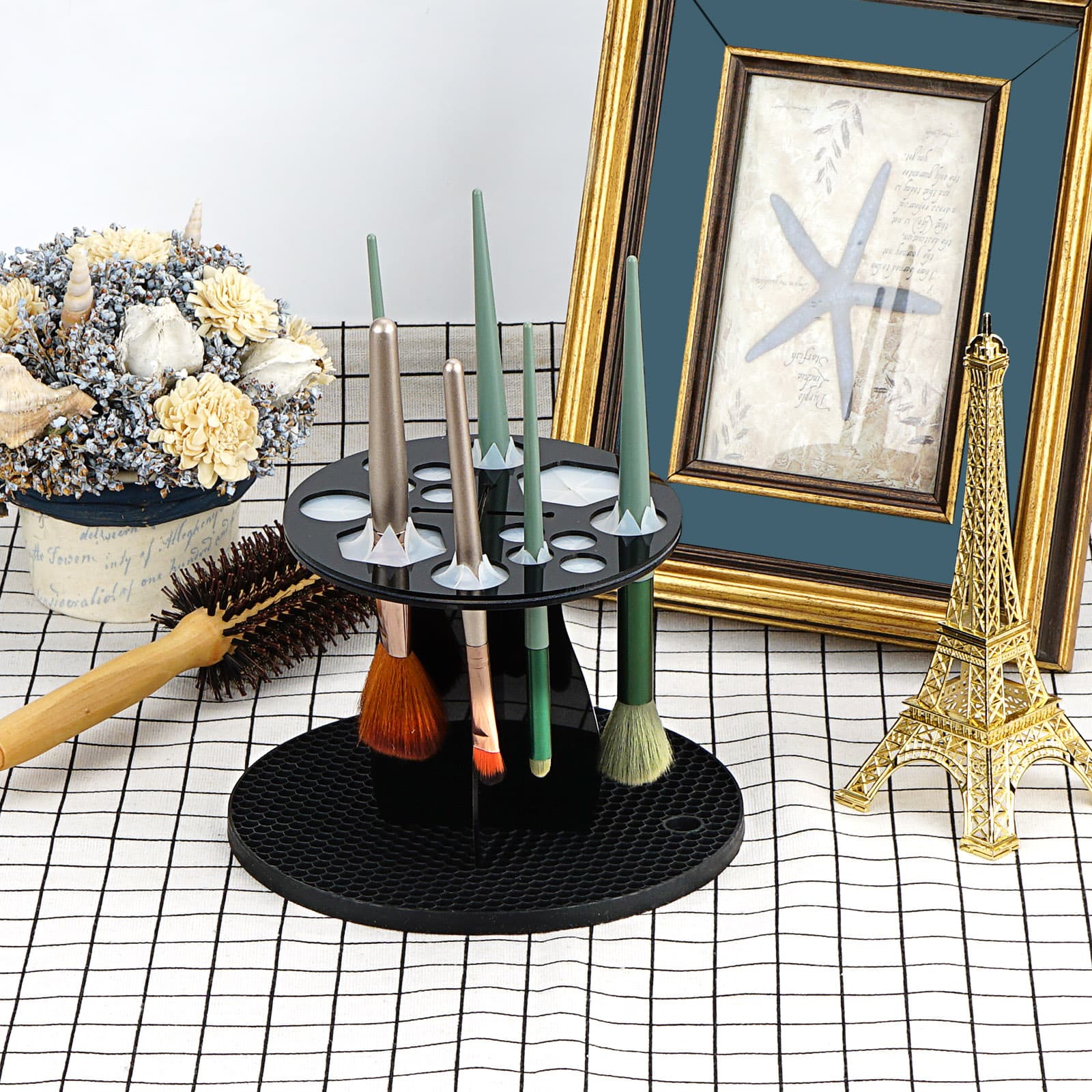ReignSword 14 Hole Makeup Brush Drying Rack with Mat, Detachable Acrylic Makeup Brush Holder, Air Tree Tower Stand Organizer Tray (Black) - 3