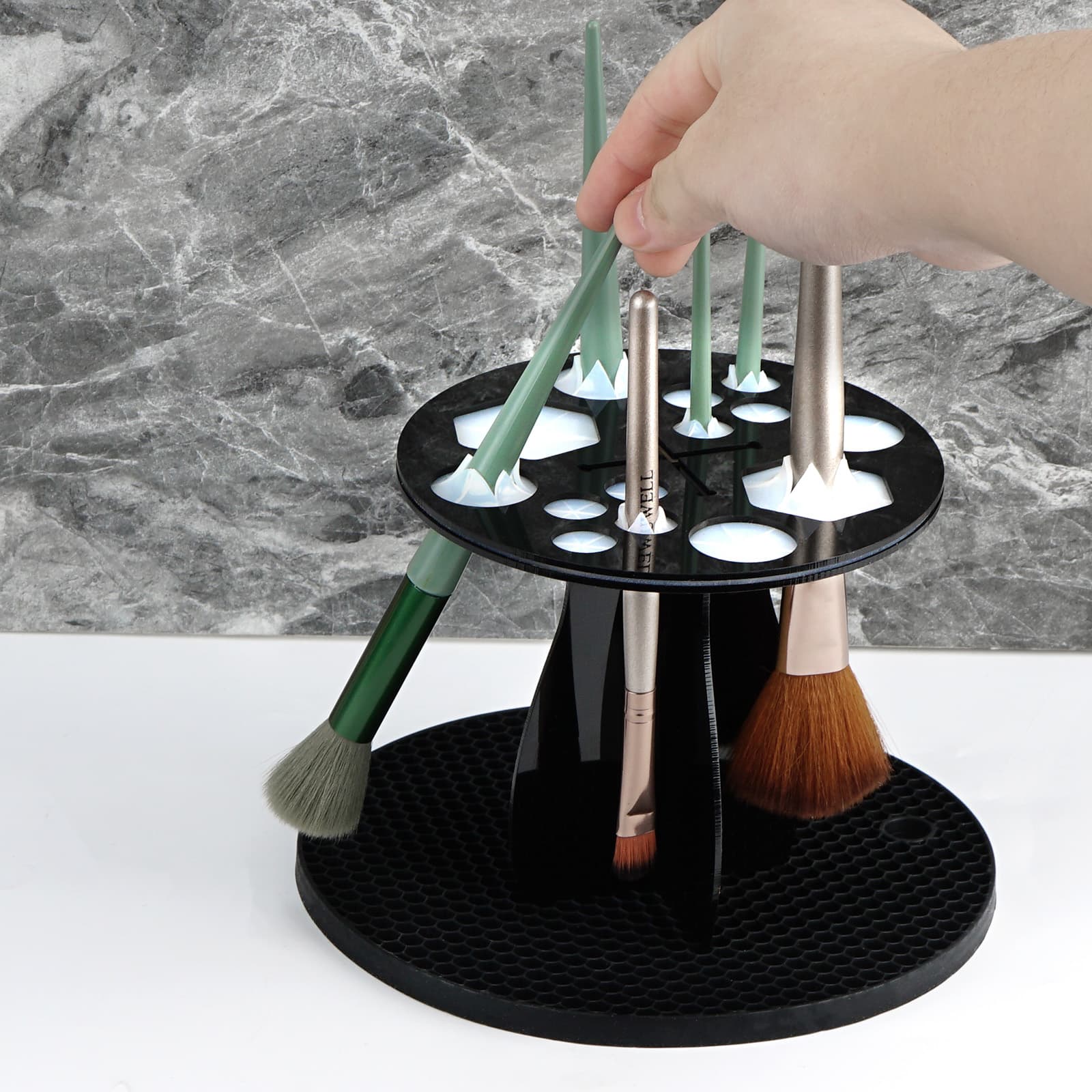 ReignSword 14 Hole Makeup Brush Drying Rack with Mat, Detachable Acrylic Makeup Brush Holder, Air Tree Tower Stand Organizer Tray (Black) - 4