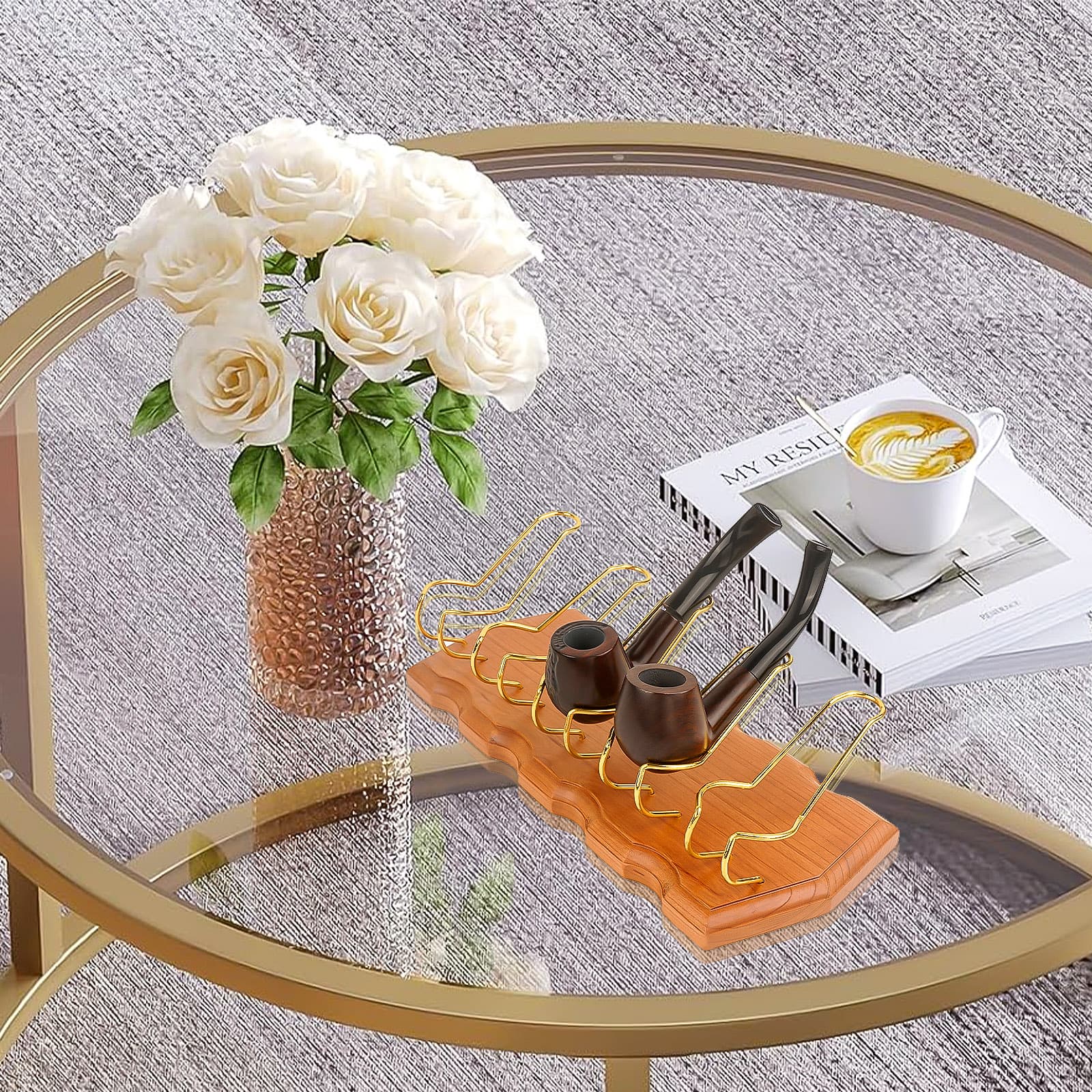 ReignSword Wooden Tobacco Pipe Stand Holder with 5 Display Metal Slots, Family Home Pipe Accessories for Tobacco - 5