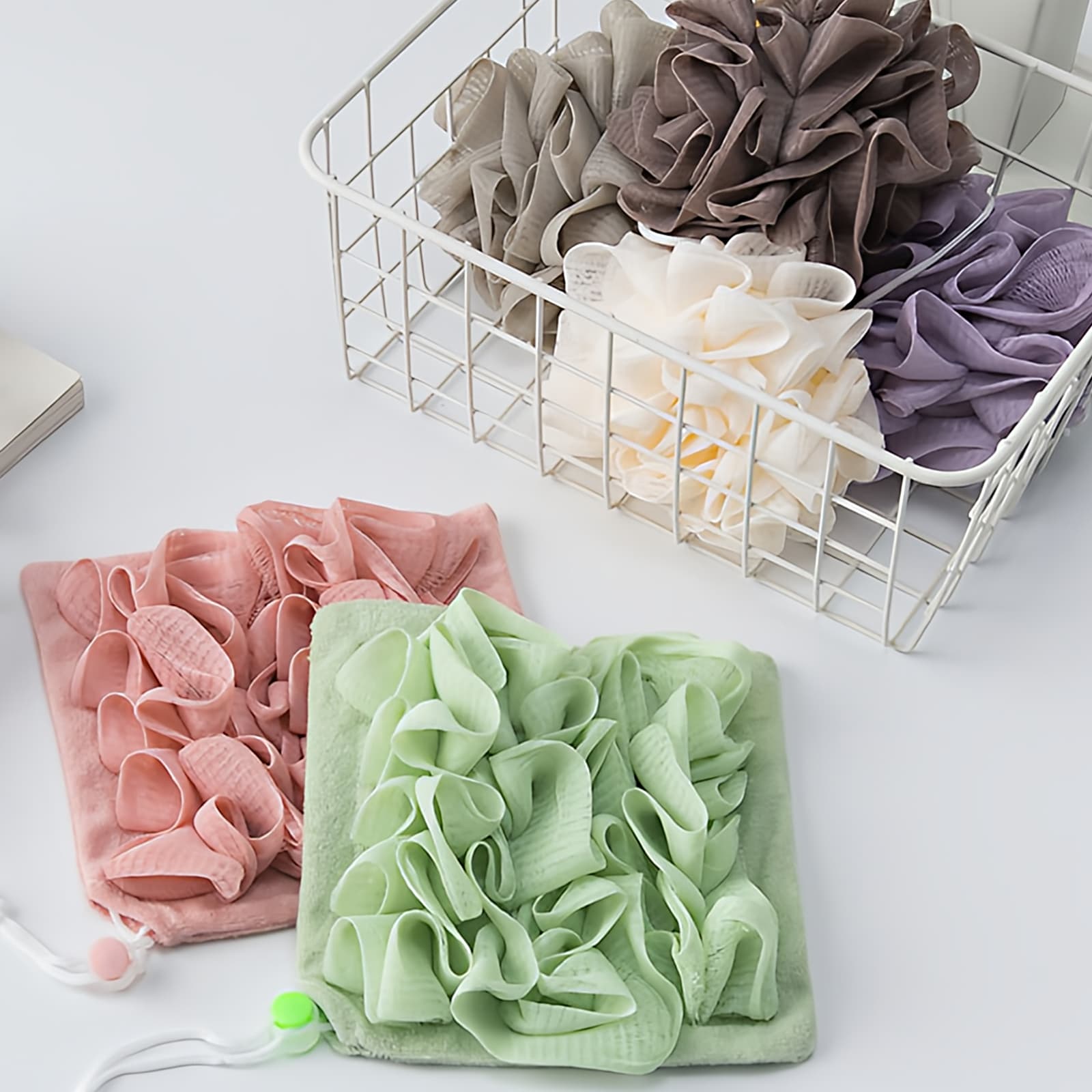 ReignSword 3 Pack 2-in-1 Washcloth Loofah Combo, Exfoliation Bath Loofah Sponge with Drawstring, Mesh Shower Ball for Body Wash and Cleanse Skin (Khaki+Brown+Pink) - 5