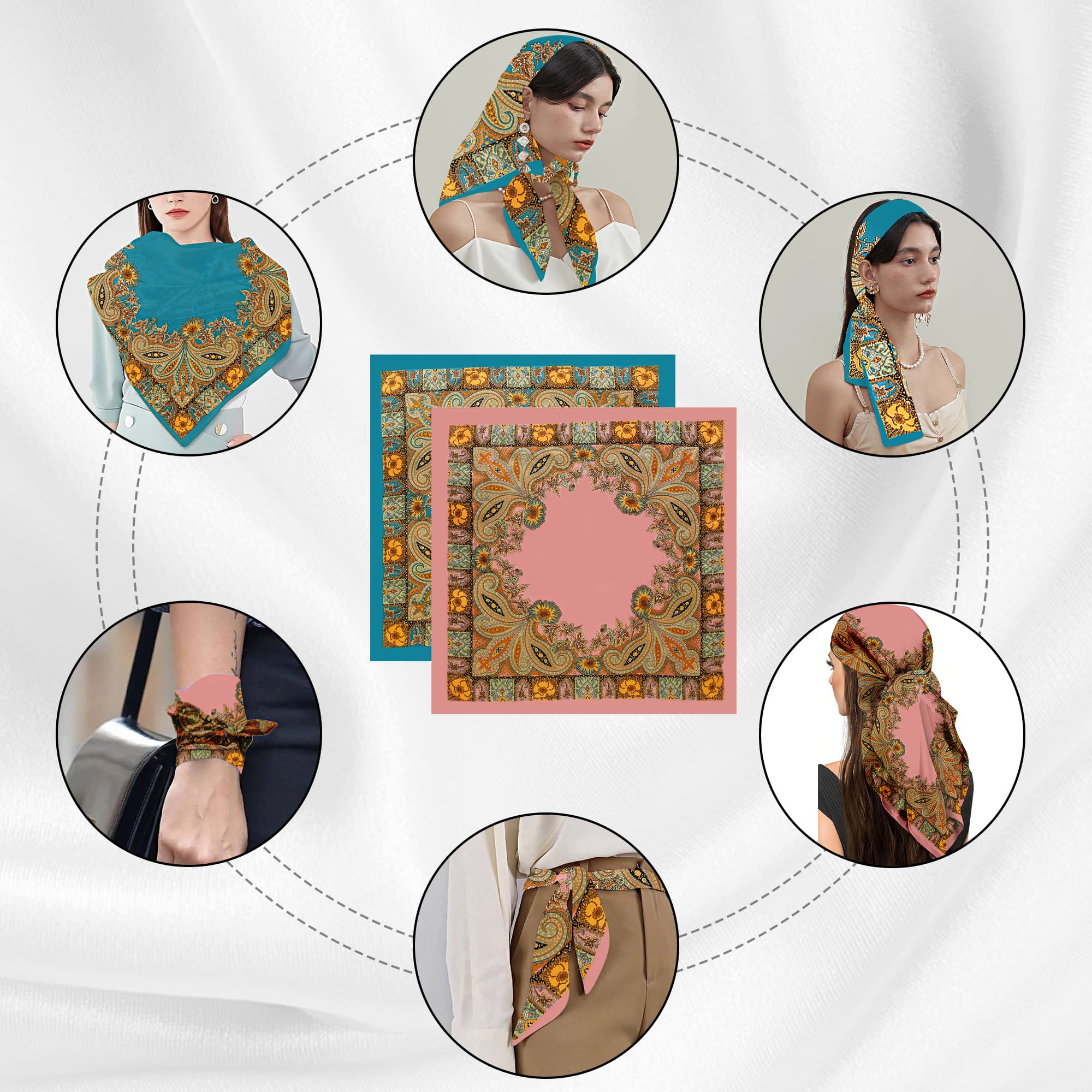 ReignSword 35” Large Square Head Scarf for Women, 2 Pcs Like Silk Hair Fashion Scarves, Silk Bandana Scarf for Hair Wrapping (Pink, Blue) - 3