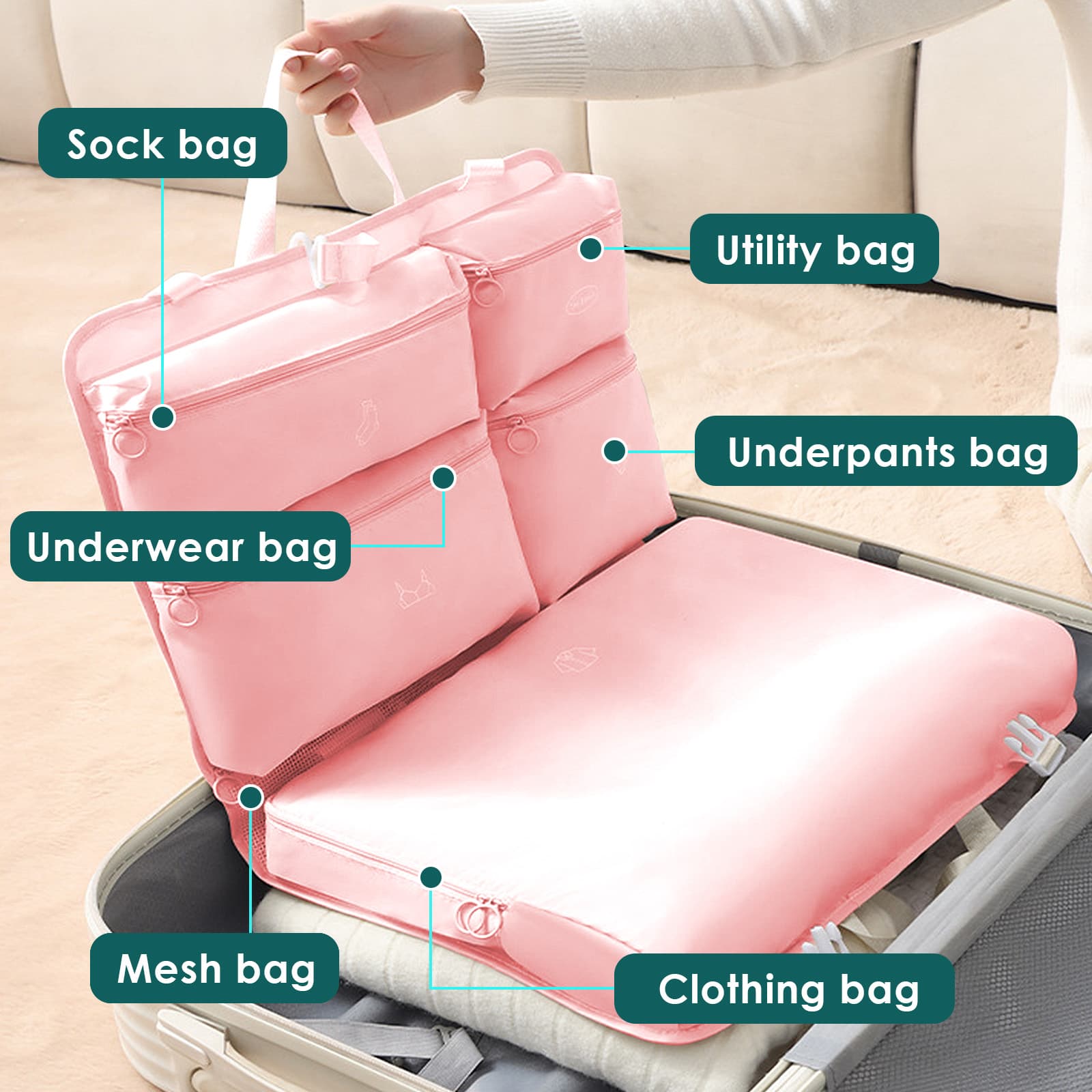 ReignSword Garment Bags for Travel, Foldable Carry on Travel Duffel Bag for Women, Hanging Weekender Overnight Bag for Clothes, Socks, Underwear, Panties (Pink) - 3