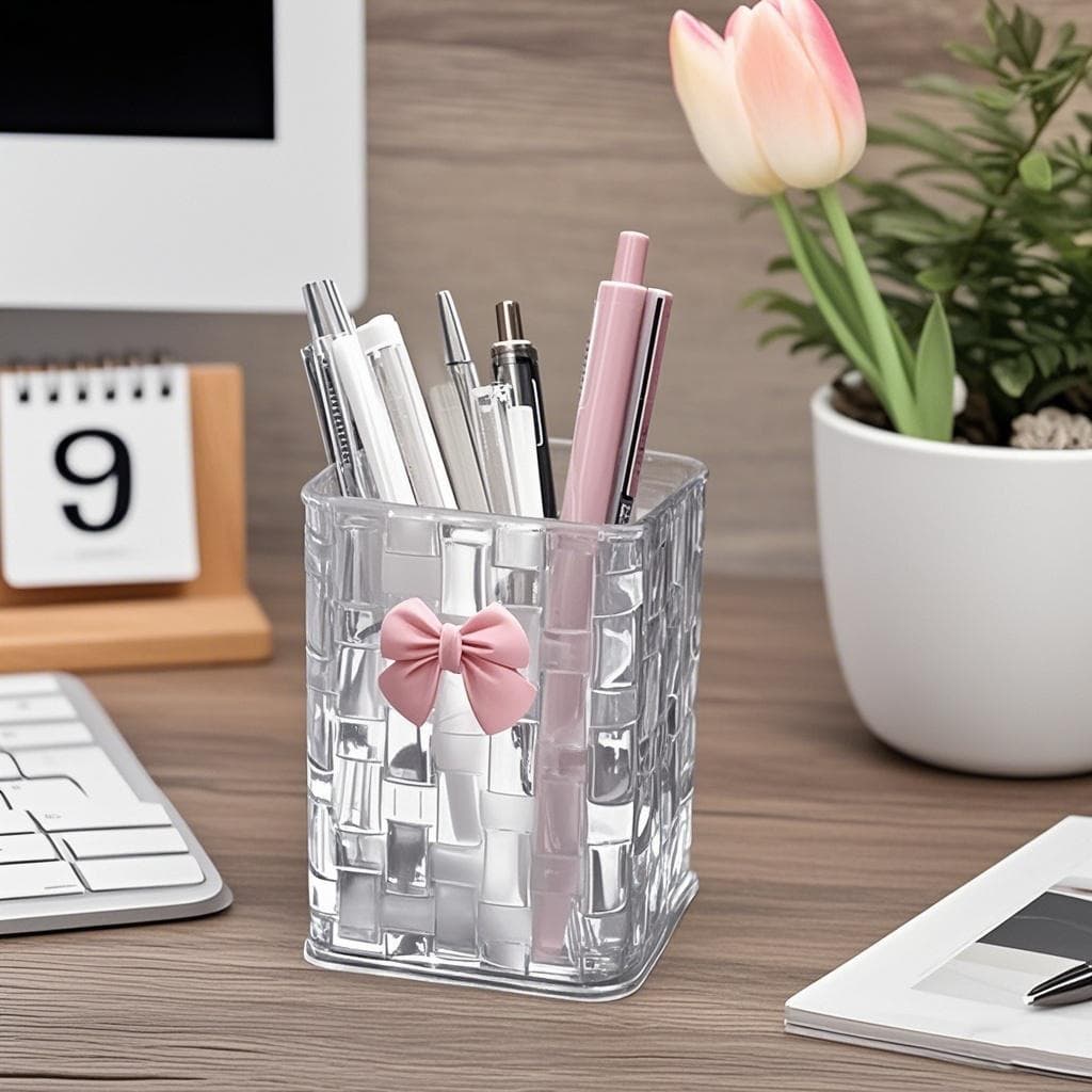 ReignSword Clear Pen Holder for Rattan Weaving Shape, Pen Organizer with Bow Decoration for Home and Office (Clear) - 3