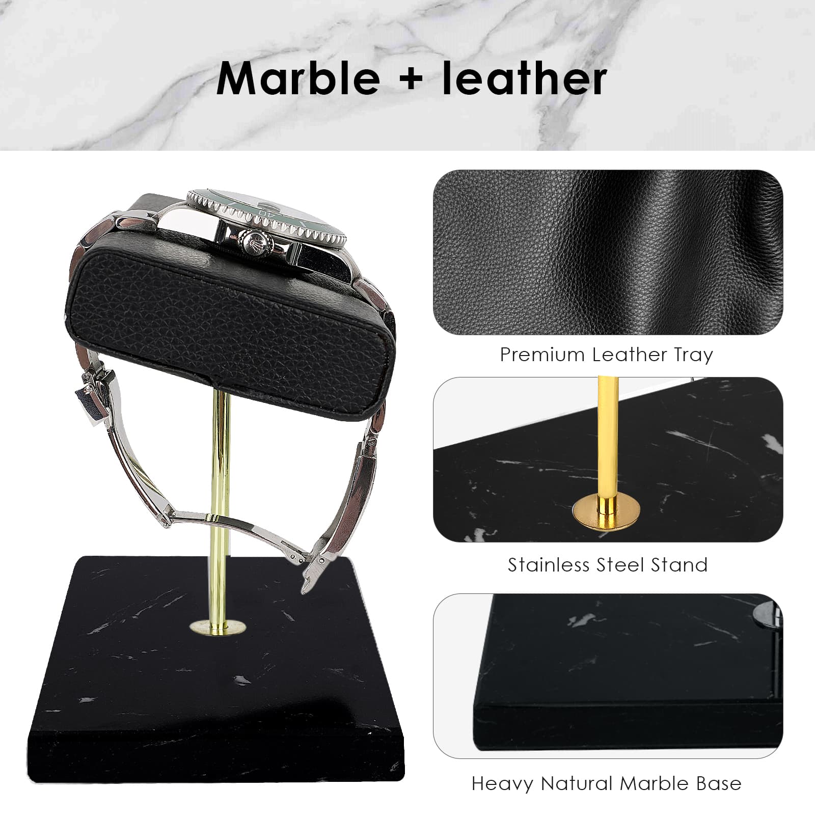 ReignSword Watch Stand with Marble Base, Vegan Leather Watch Stand, Wrist Watch Display Organizer Holder for Men and Women (Black) - 2
