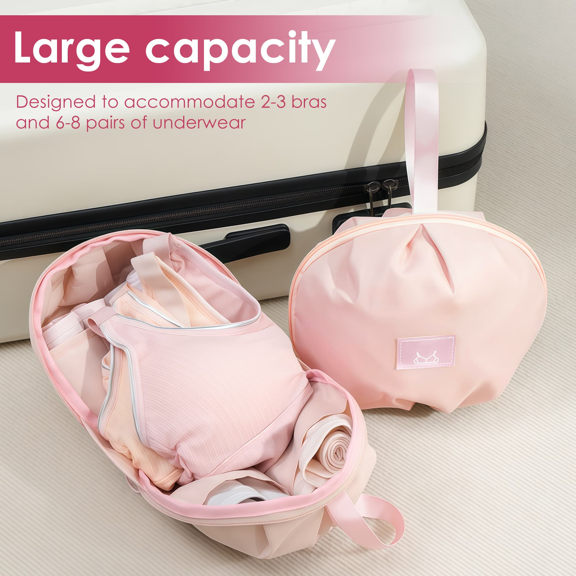 ReignSword Travel Underwear and Sock Organizer Bag, Portable Lightweight Packing Storage Bag for Women, Multiple Compartments and Pockets (Pink) - 3