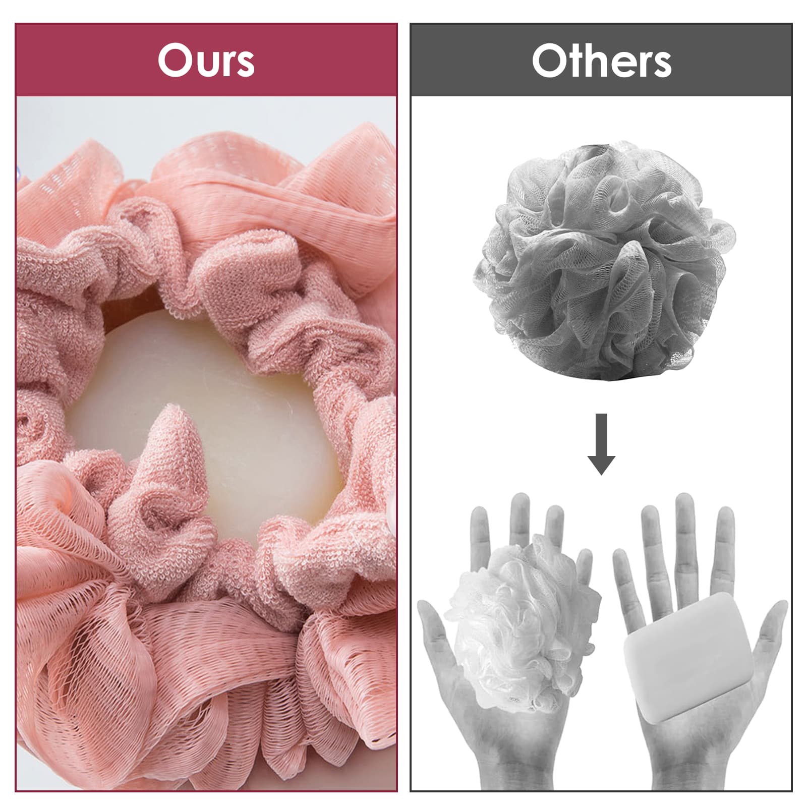 ReignSword 3 Pack 2-in-1 Washcloth Loofah Combo, Exfoliation Bath Loofah Sponge with Drawstring, Mesh Shower Ball for Body Wash and Cleanse Skin (Khaki+Brown+Pink) - 3