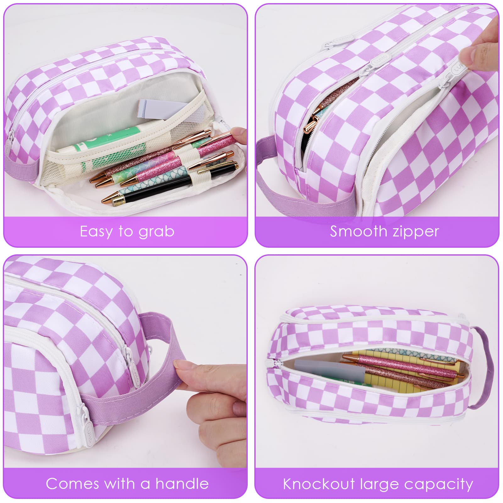 ReignSword Large Capacity Pen Case with Cute Broochs, Portable Pen Pouch with Handle, Pen Bag for Office Writing Stationery Supplies (Purple) - 3