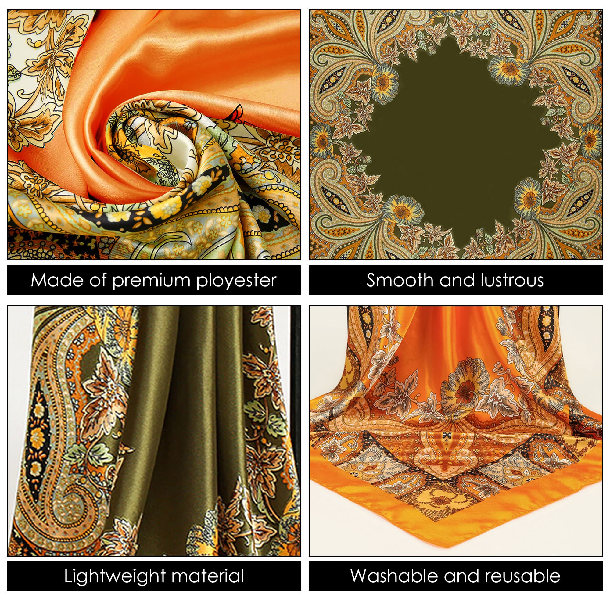 ReignSword 35” Large Square Head Scarf for Women, 2 Pcs Like Silk Hair Fashion Scarves, Silk Bandana Scarf for Hair Wrapping (Green, Yellow) - 3