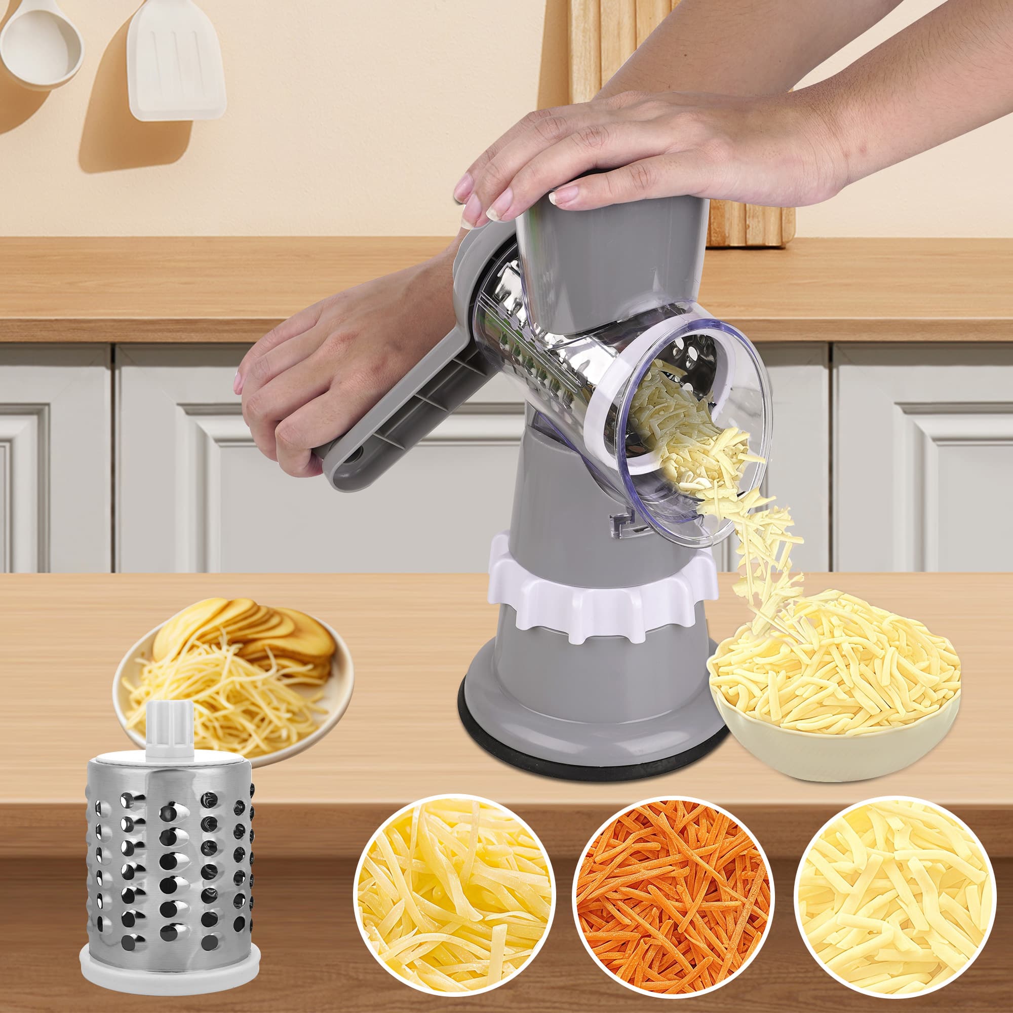 ReignSword Rotary Cheese Grater Hand Crank with Peeler, Cheese Shredder with 3 Stainless Steel Changeable Blades, Kitchen Food Slicer with Non-Slip Suction Base for Cheese Fruit Vegetables Nuts (Gray) - 4