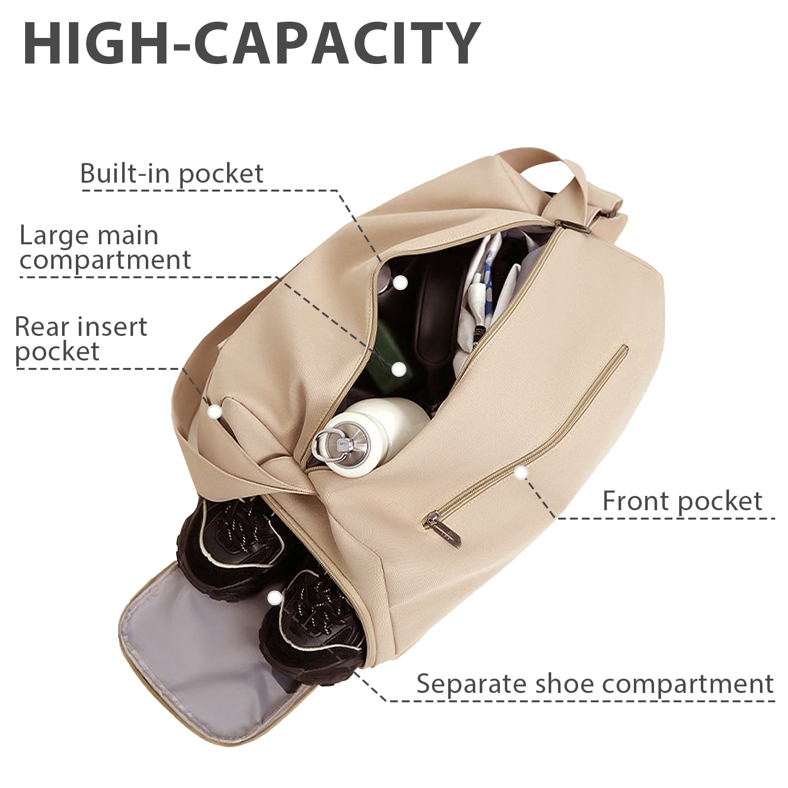 ReignSword Gym Bag with Shoes Compartment, Waterproof Travel Sports Duffle Bag, Weekender Overnight Carry on Duffel Bag for Women (Khaki) - 2