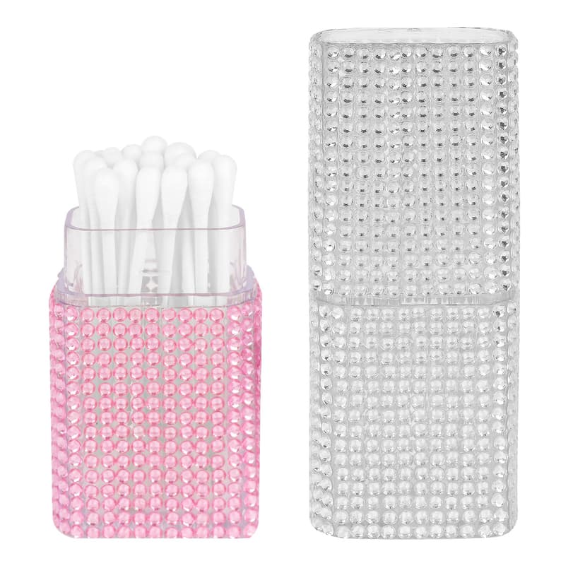 ReignSword 2 Pack Cotton Swab Holder for Travel, Portable Diamond Dental Floss Storage Box, Small Qtips Case Cosmetic Sponge Dispenser Container (White & Pink)