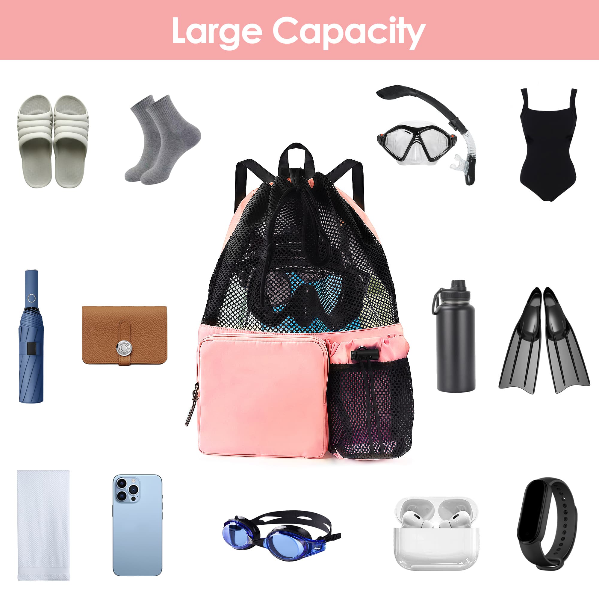 ReignSword Large Capacity Mesh Swim Backpack with Pocket Drawstring, Waterproof Beach Bag for Swimming, Gym, and Workout Gear (Pink) - 2