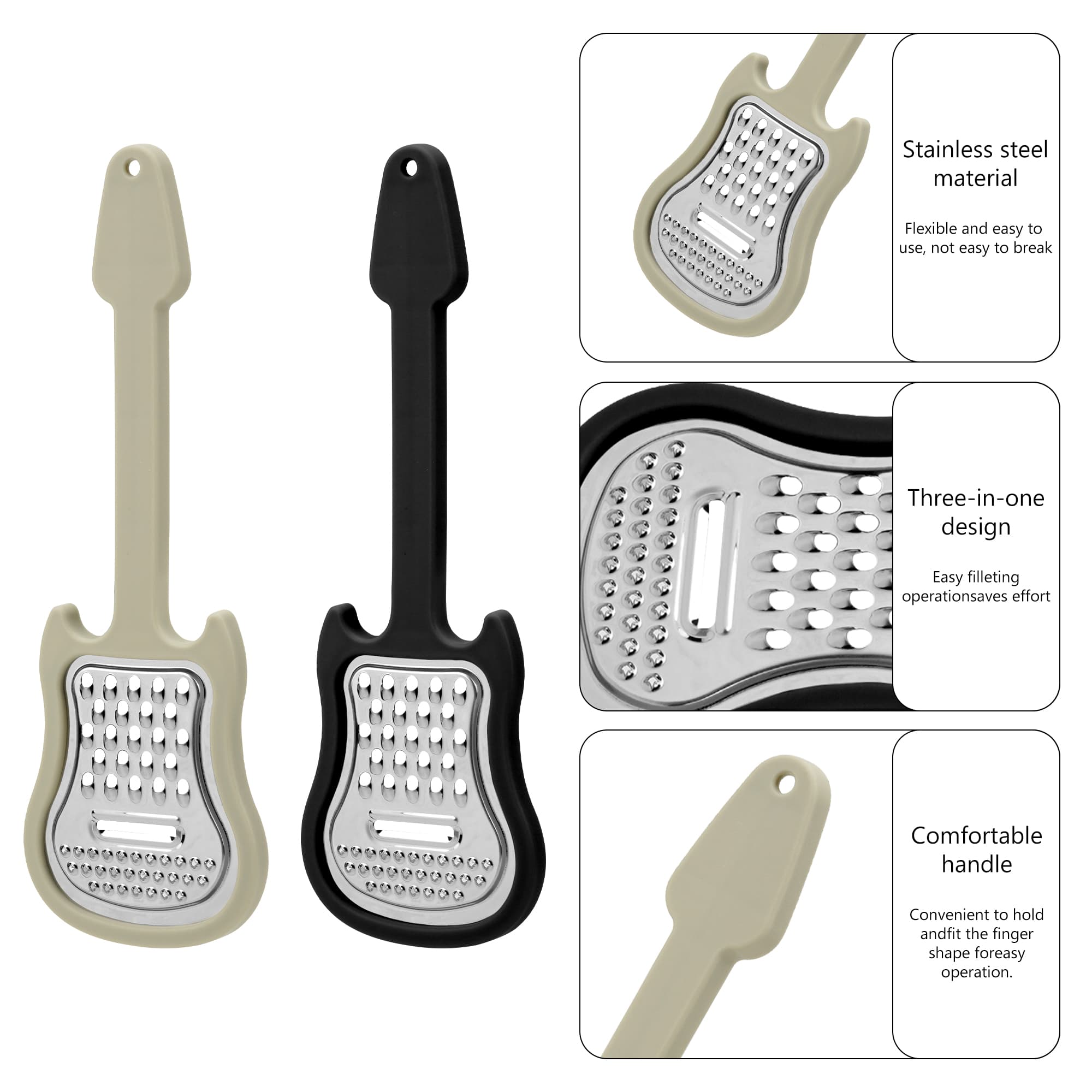 ReignSword 2 Pack Cheese Grater Handheld, Stainless Steel Hand Held Shredder, Multi-Functional Guitar Shaped Kitchen Food Grater Tool for Cheese, Vegetables, Fruit, Salad (Black, Gray) - 2