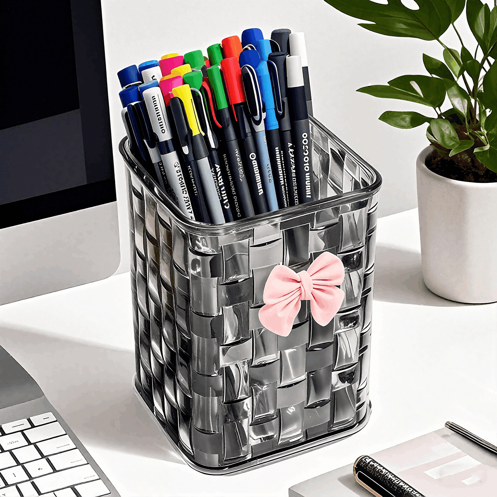 ReignSword Clear Pen Holder for Rattan Weaving Shape, Pen Organizer with Bow Decoration for Home and Office (Black) - 4
